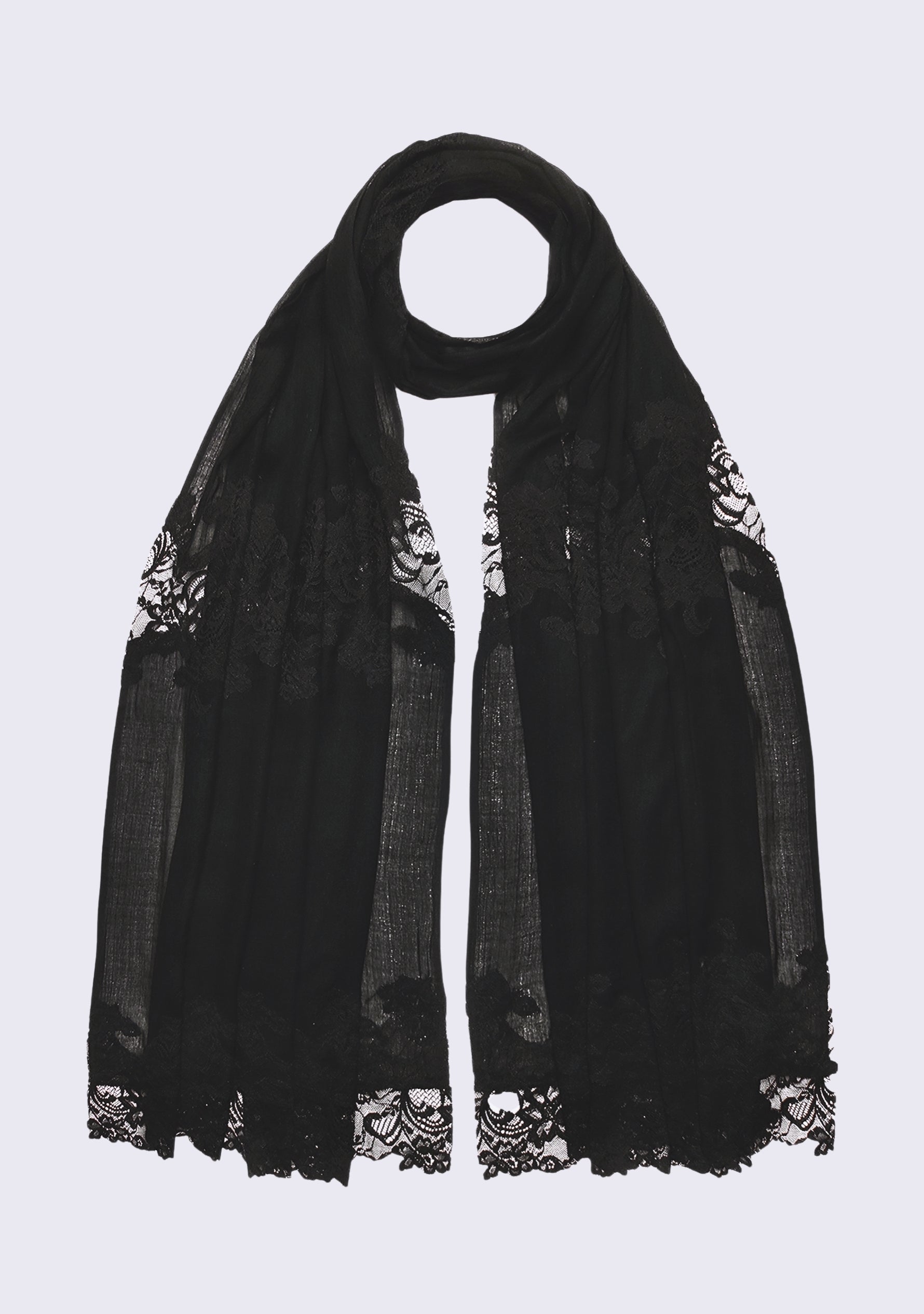 Maneesha Ruia black modal silk scarf with black lace panels, elegant lightweight designer accessory