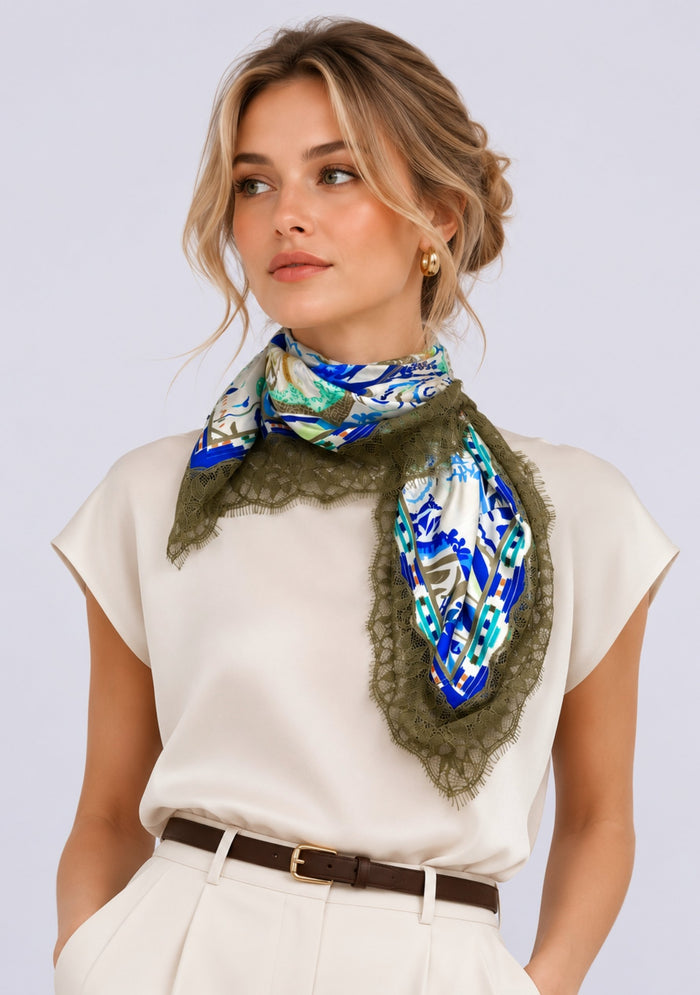 Blue Abstract Print Silk Square Scarf Ochre Lace