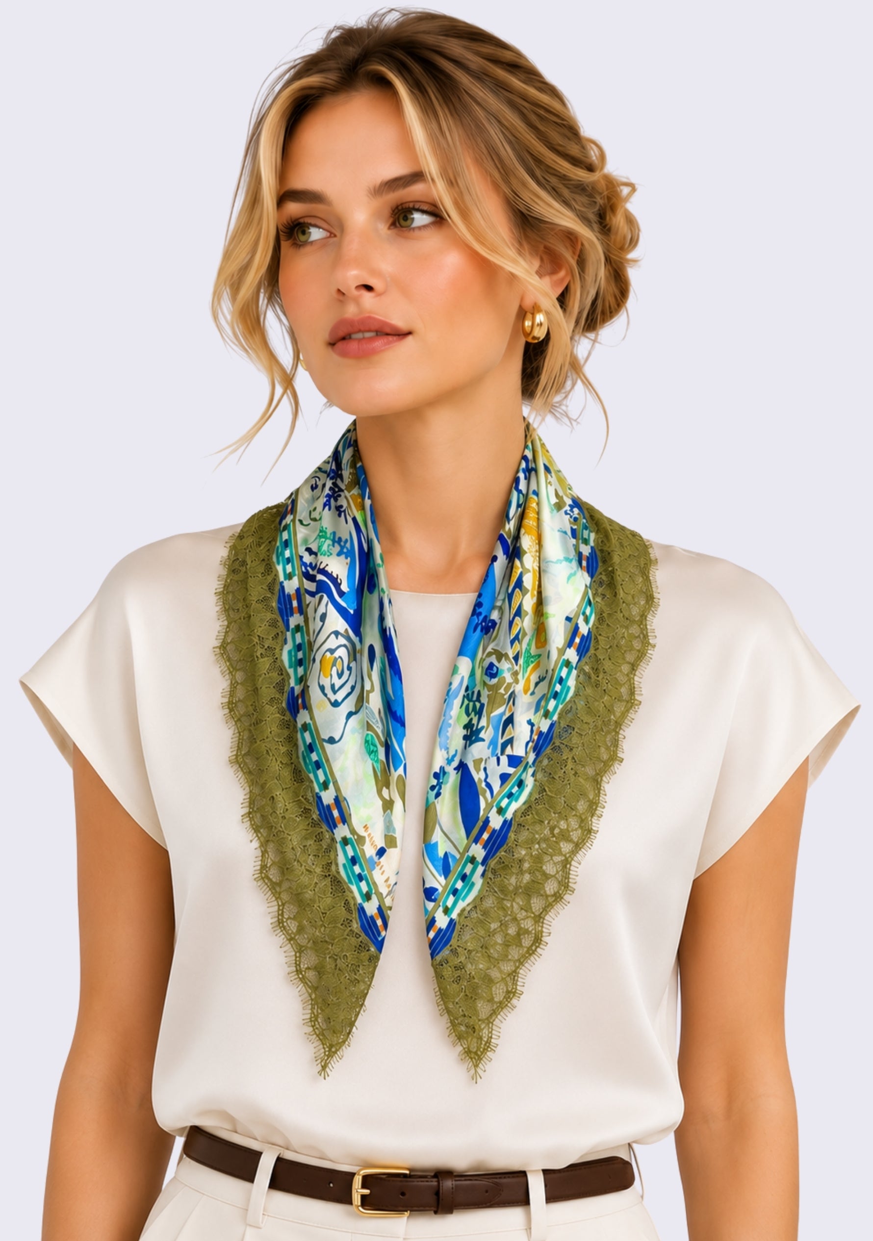 Maneesha Ruia Blue Abstract Print Silk Square Scarf — artistic blue print with ochre lace border in silk twill