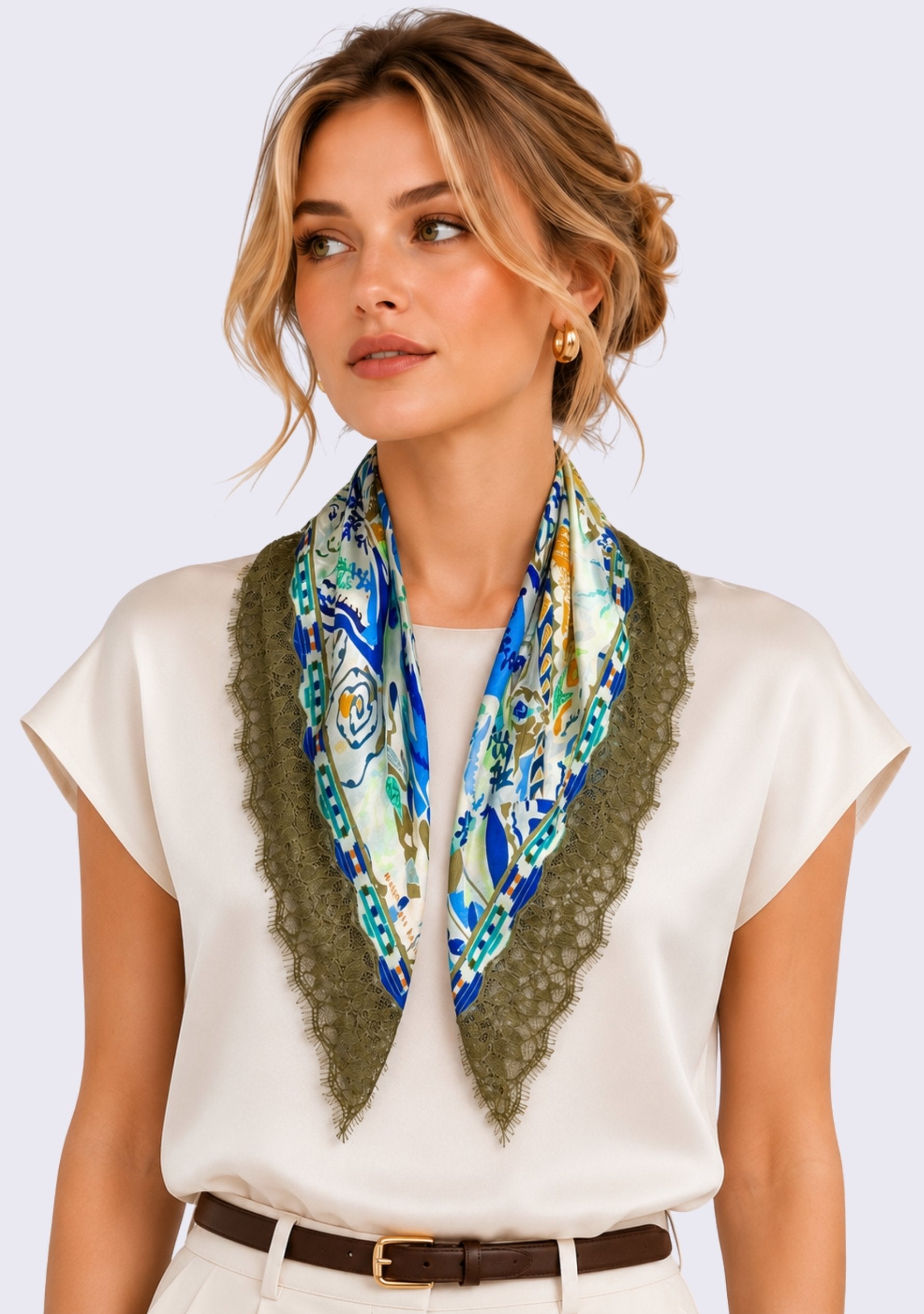 Blue Abstract Print Silk Square Scarf Ochre Lace