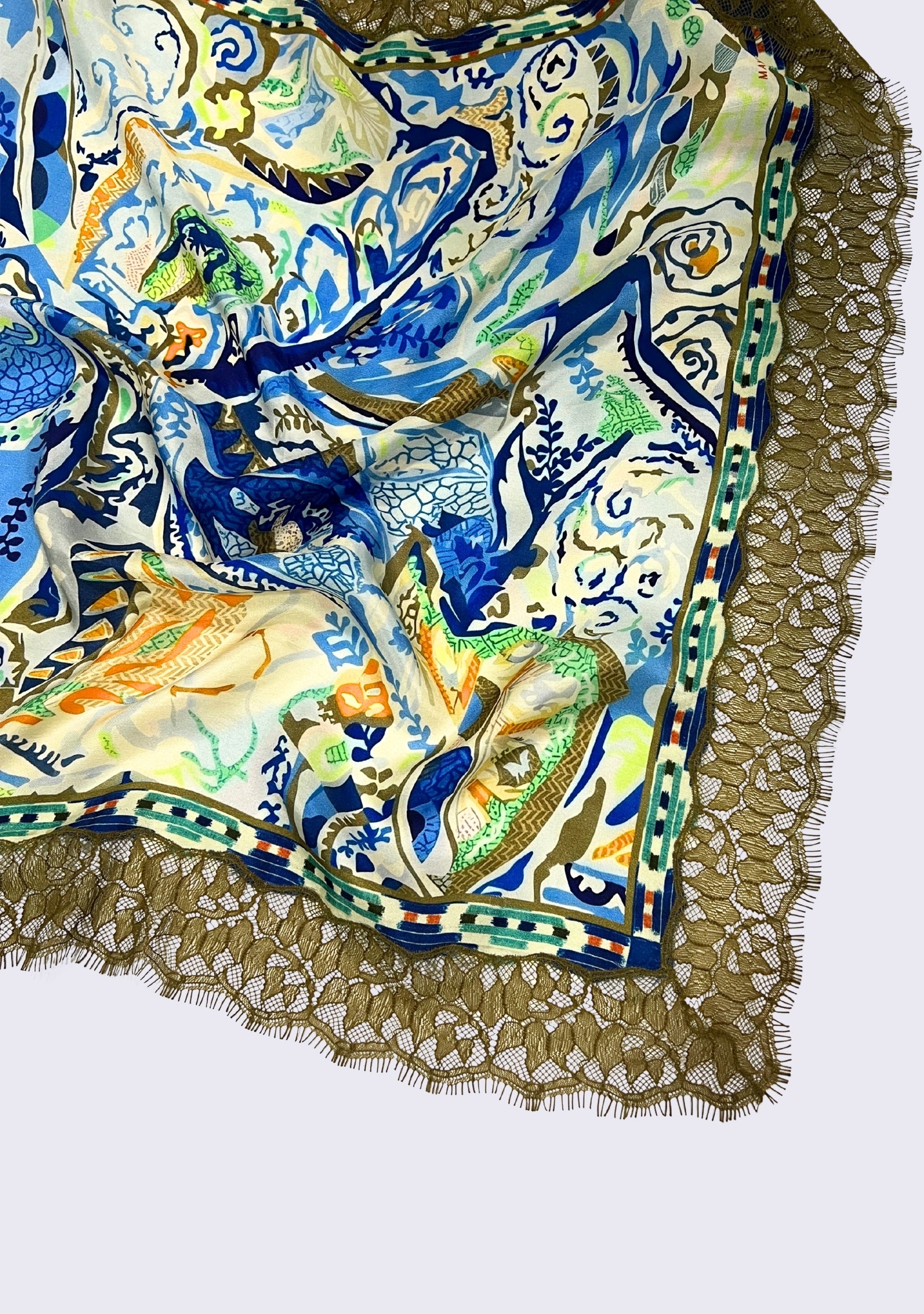 Maneesha Ruia Blue Abstract Print Silk Square Scarf — artistic blue print with ochre lace border in silk twill