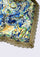Maneesha Ruia Blue Abstract Print Silk Square Scarf — artistic blue print with ochre lace border in silk twill