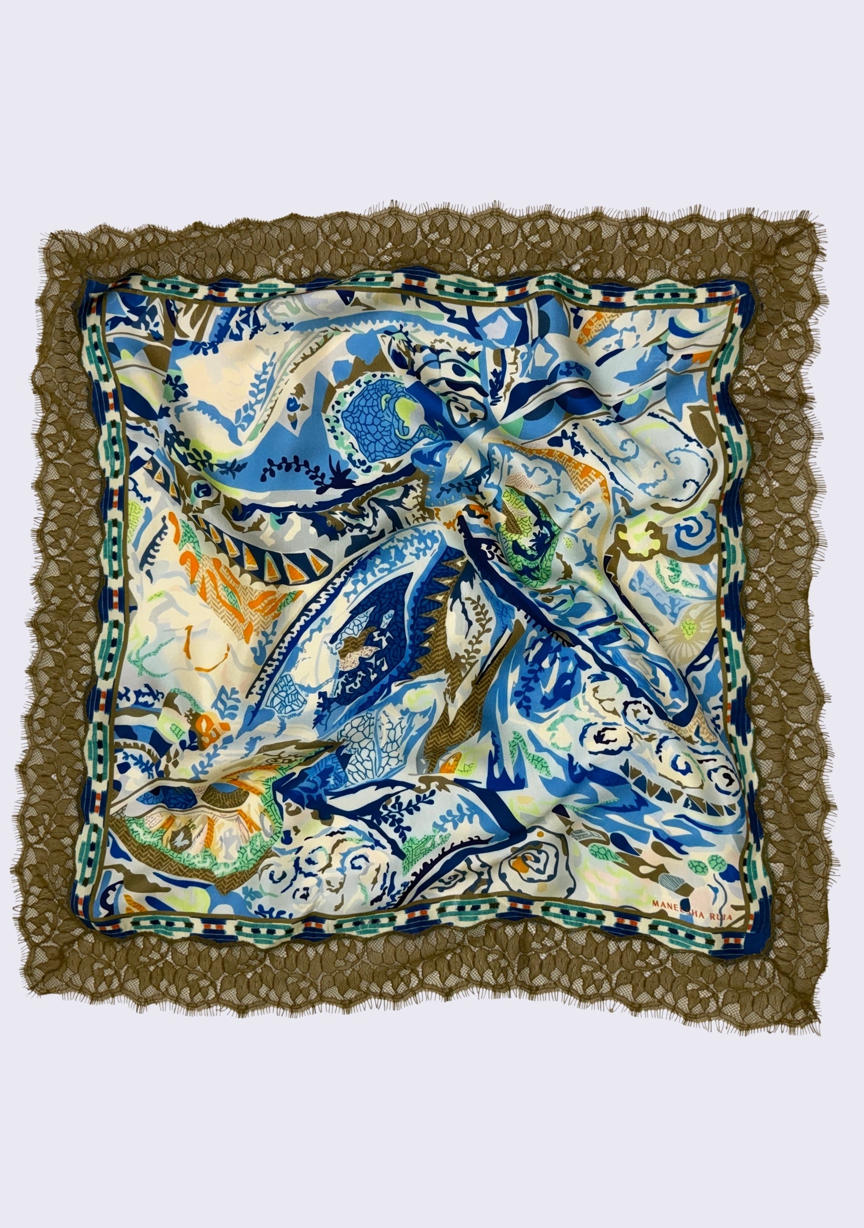 Maneesha Ruia Blue Abstract Print Silk Square Scarf — artistic blue print with ochre lace border in silk twill
