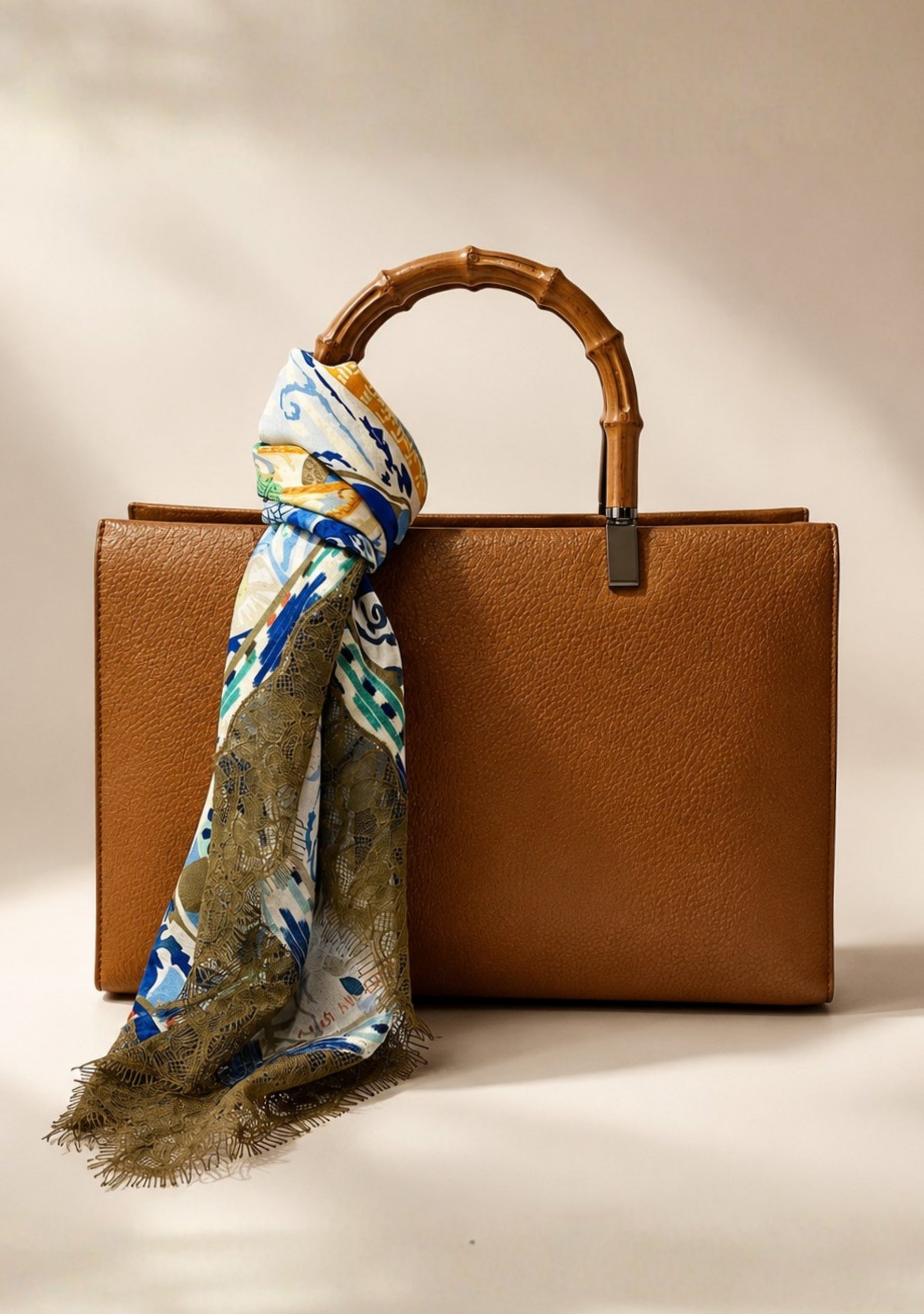 Maneesha Ruia Blue Abstract Print Silk Square Scarf — artistic blue print with ochre lace border in silk twill