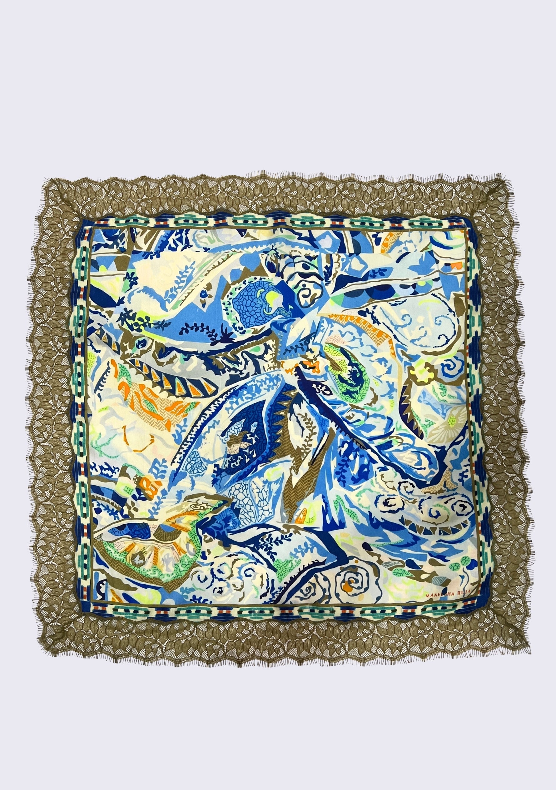 Maneesha Ruia Blue Abstract Print Silk Square Scarf — artistic blue print with ochre lace border in silk twill