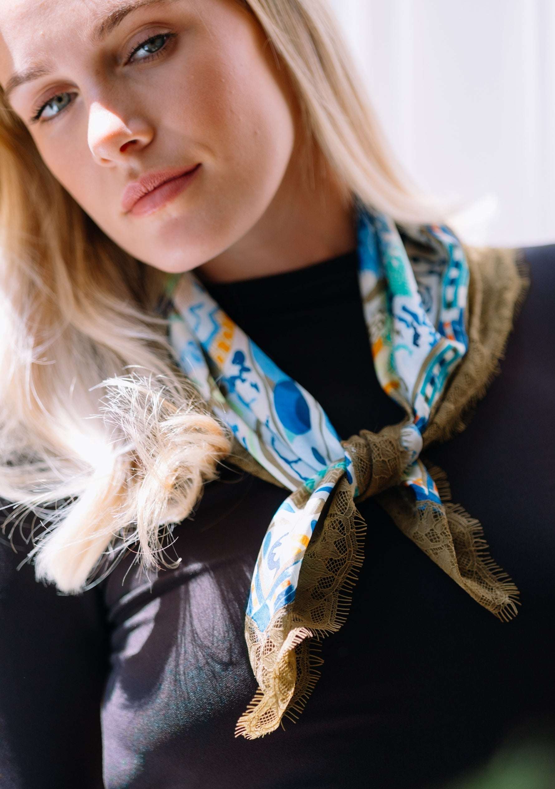 Maneesha Ruia Blue Abstract Print Silk Square Scarf — artistic blue print with ochre lace border in silk twill