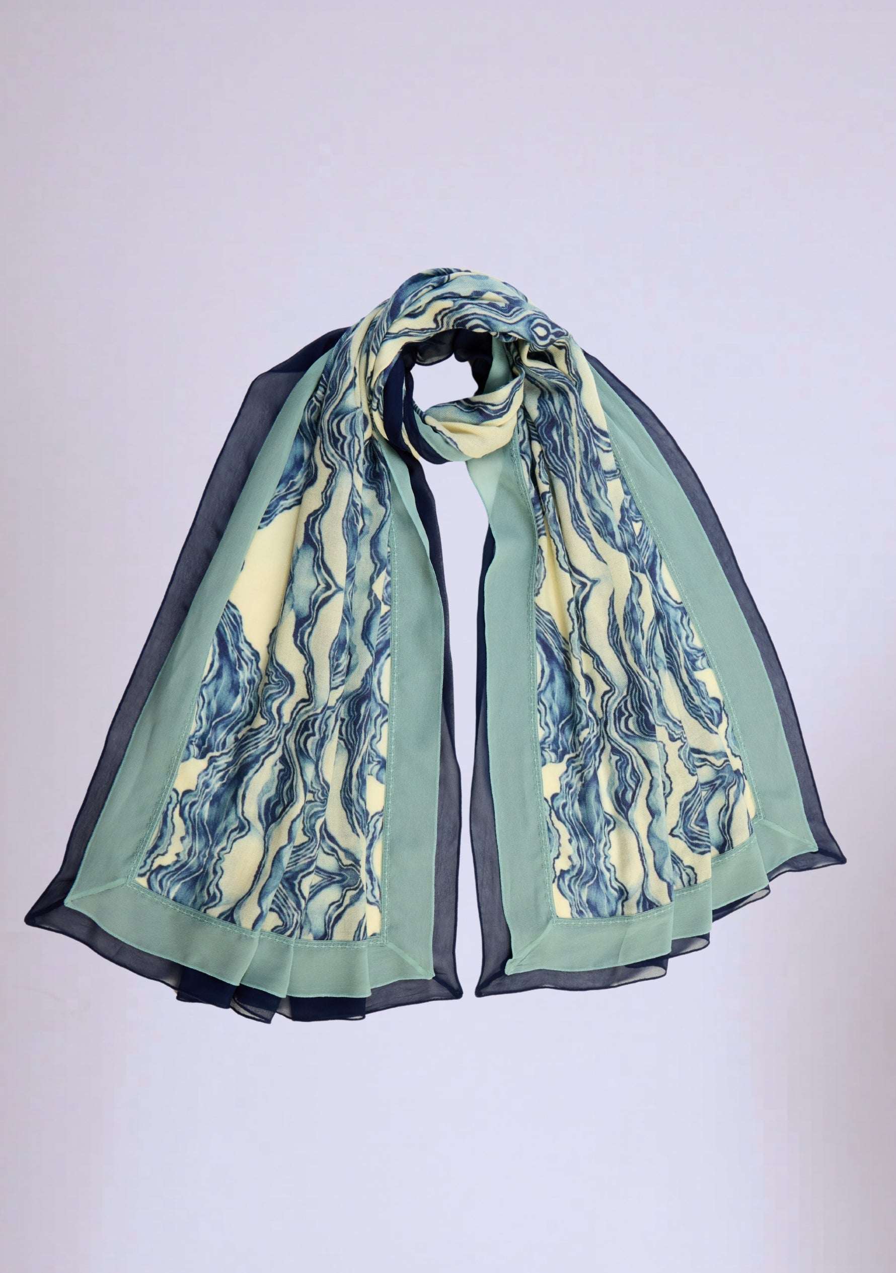 Maneesha Ruia blue abstract print wool and silk scarf with navy blue and sea green lace border, luxury designer scarf