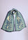 Maneesha Ruia blue abstract print wool and silk scarf with navy blue and sea green lace border, luxury designer scarf