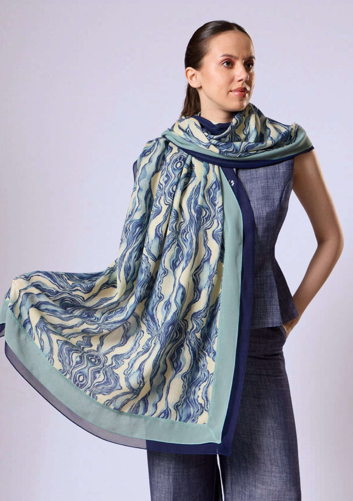 Maneesha Ruia blue abstract print wool and silk scarf with navy blue and sea green lace border, luxury designer scarf