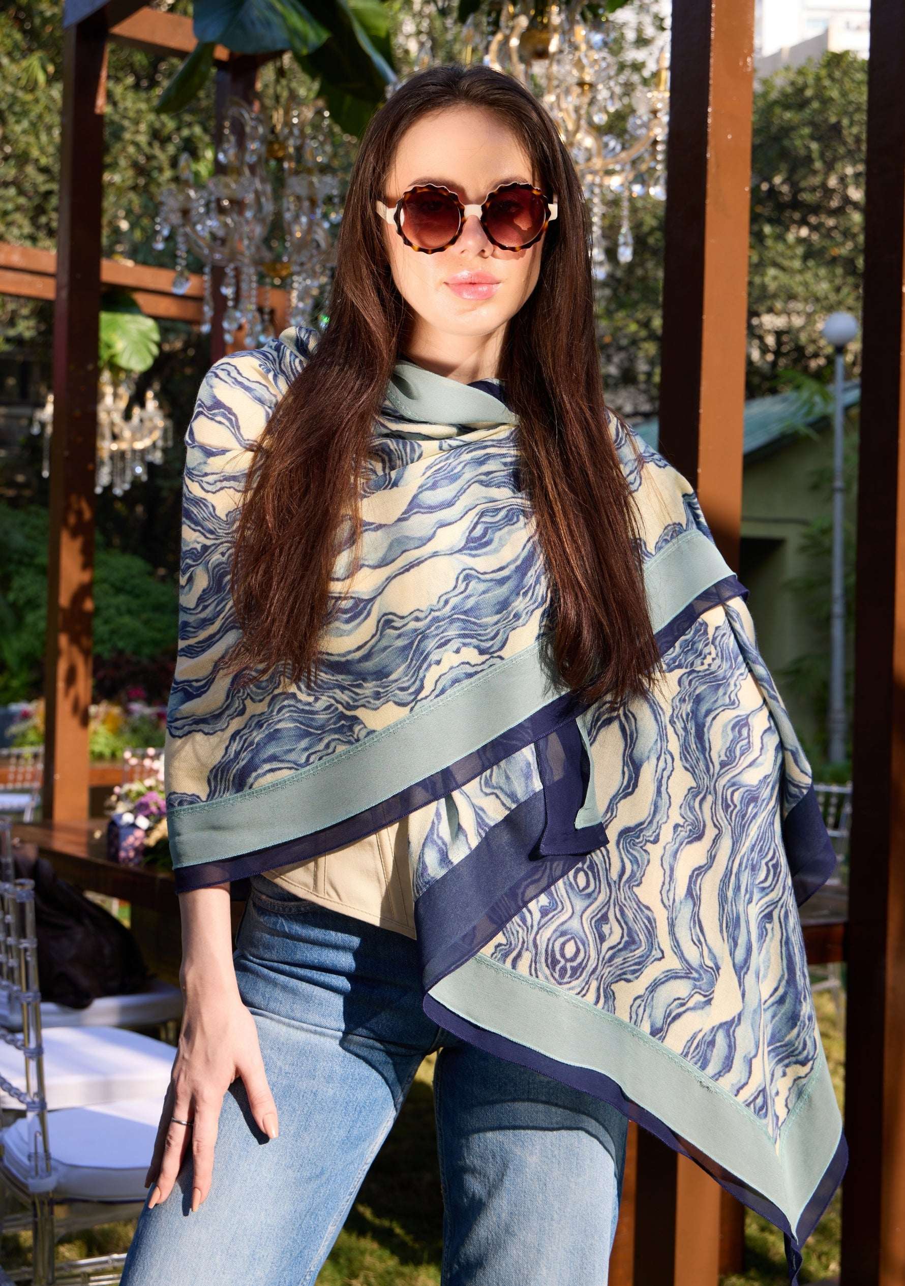 Maneesha Ruia blue abstract print wool and silk scarf with navy blue and sea green lace border, luxury designer scarf