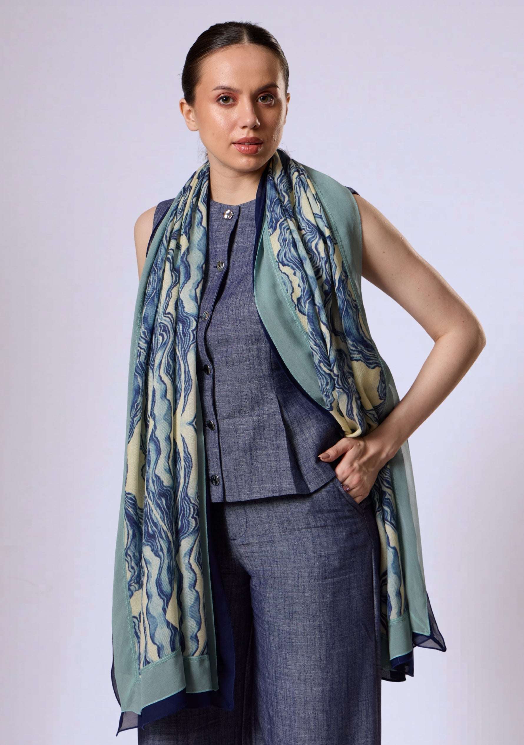 Maneesha Ruia blue abstract print wool and silk scarf with navy blue and sea green lace border, luxury designer scarf