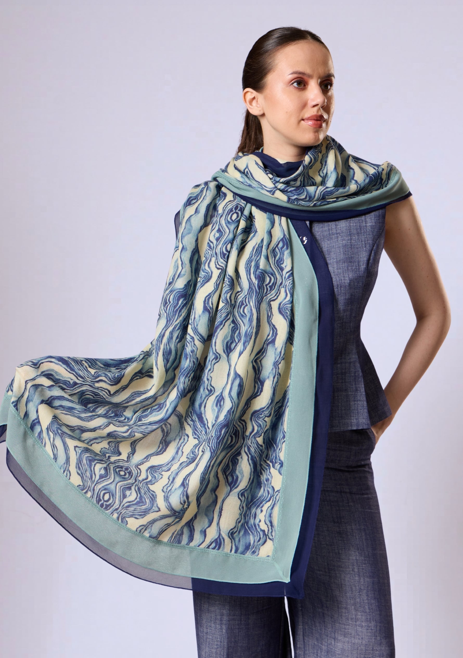Maneesha Ruia blue abstract print wool and silk scarf with navy blue and sea green lace border, luxury designer scarf