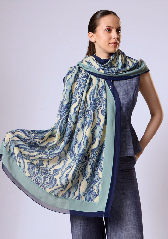 Maneesha Ruia blue abstract print wool and silk scarf with navy blue and sea green lace border, luxury designer scarf