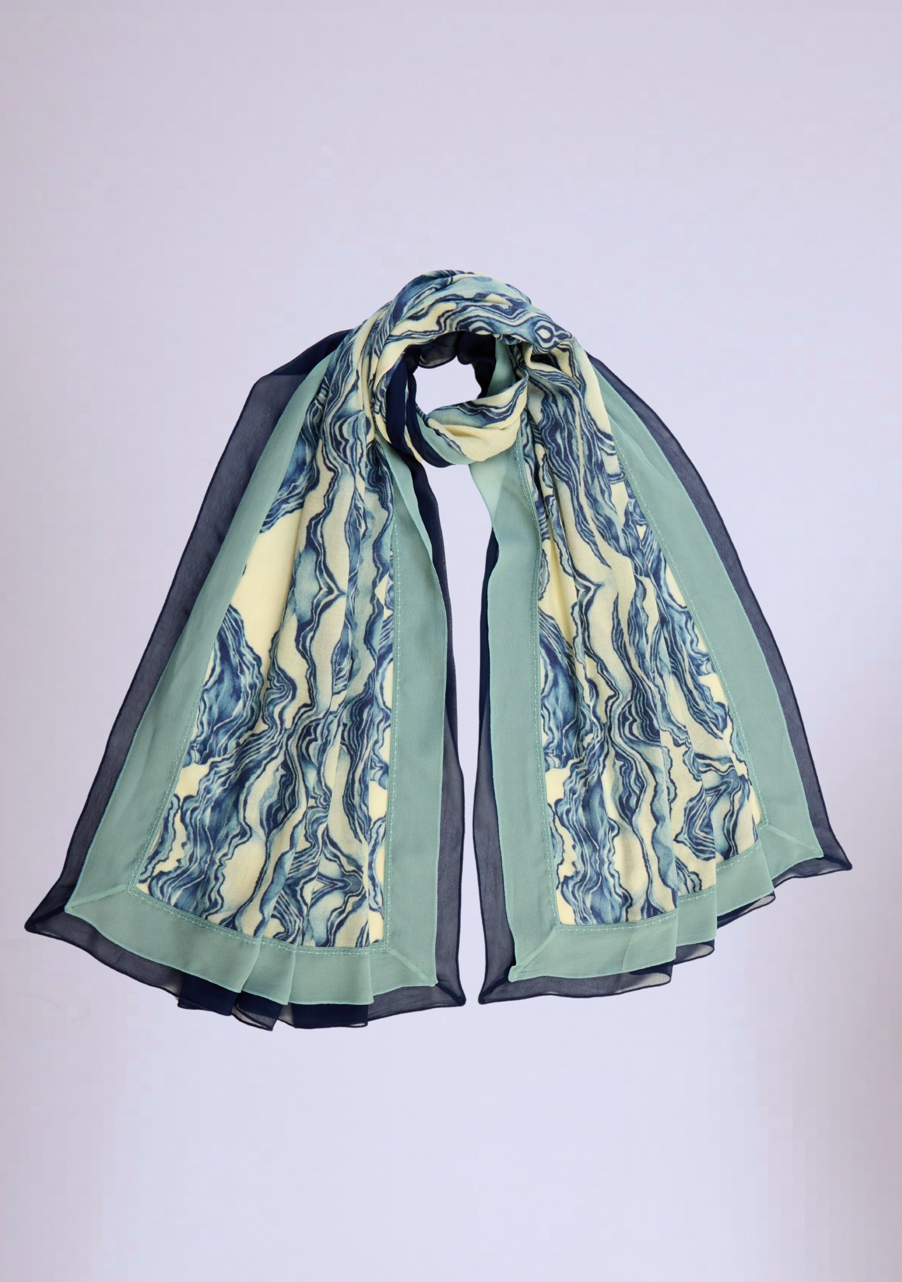 Maneesha Ruia blue abstract print wool and silk scarf with navy blue and sea green lace border, luxury designer scarf