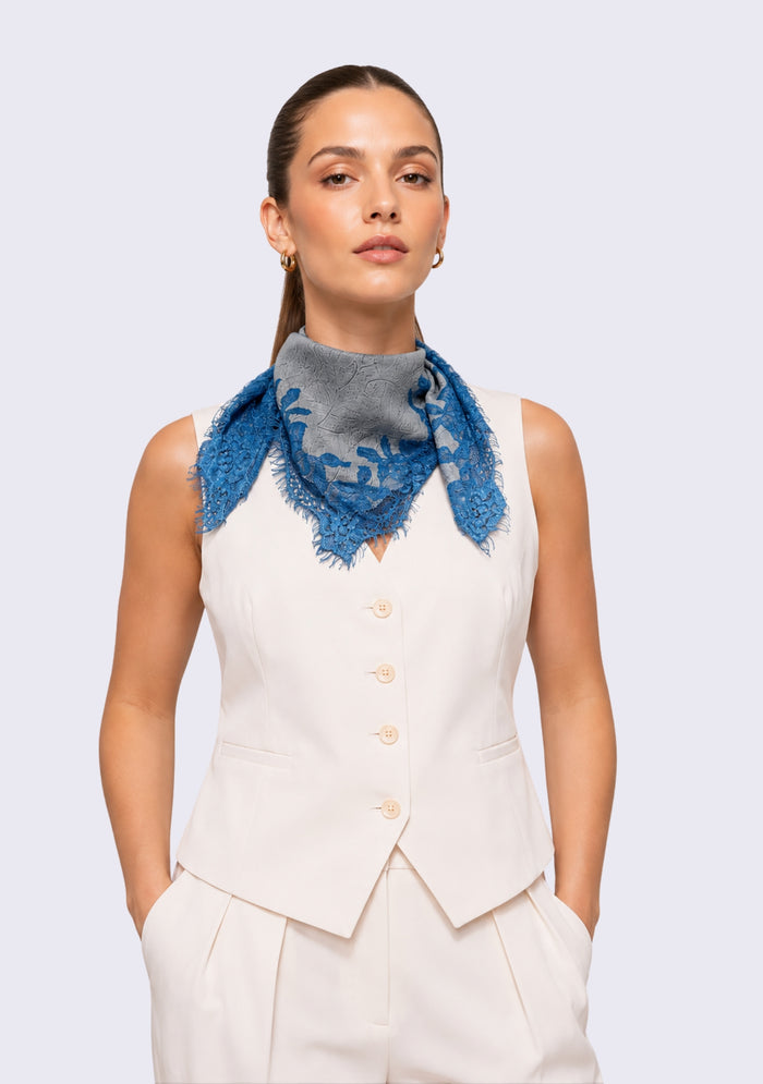 Maneesha Ruia Blue Ombré Embossed Silk Square Scarf — blue silk twill with tonal blue lace border