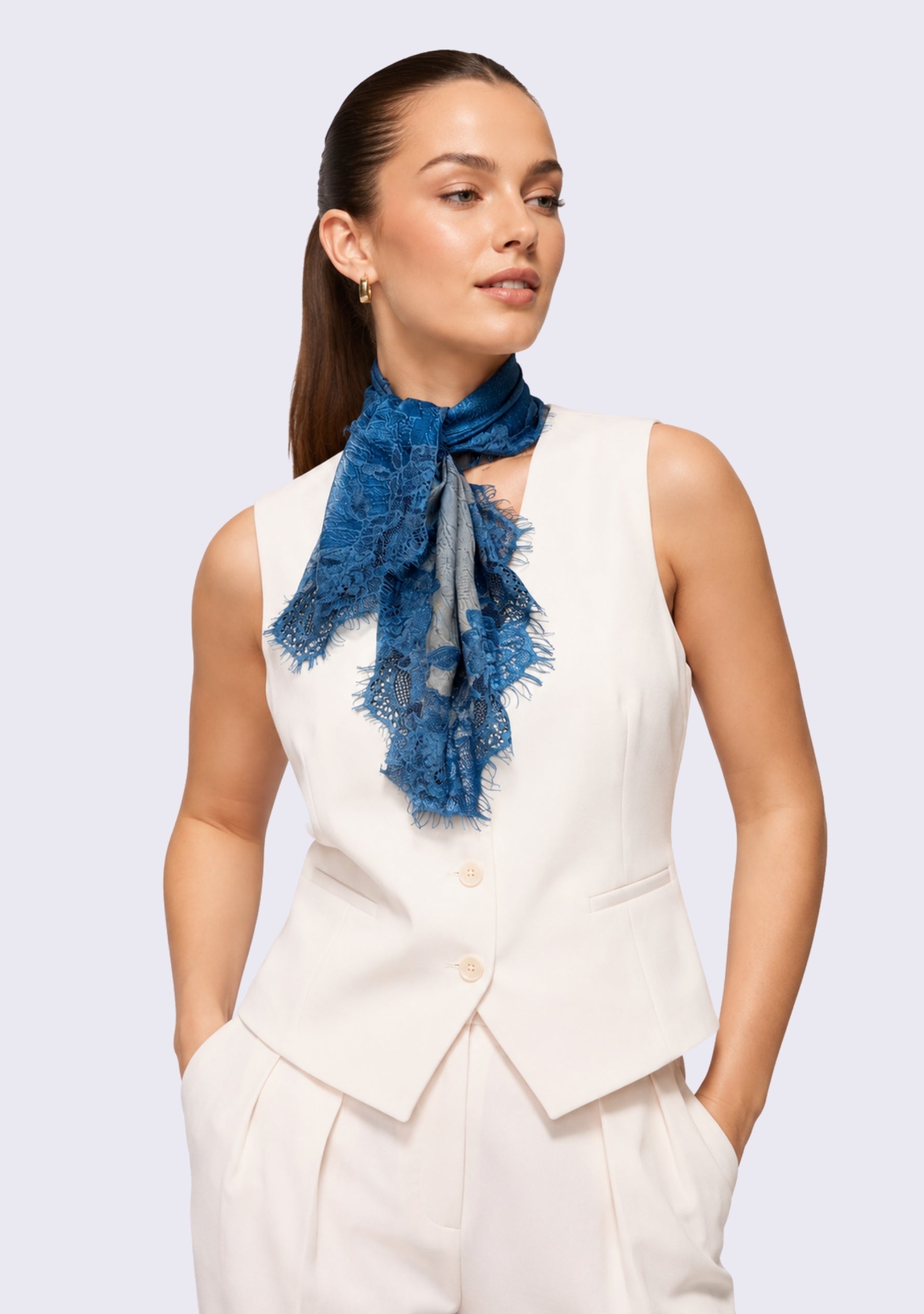 Maneesha Ruia Blue Ombré Embossed Silk Square Scarf — blue silk twill with tonal blue lace border