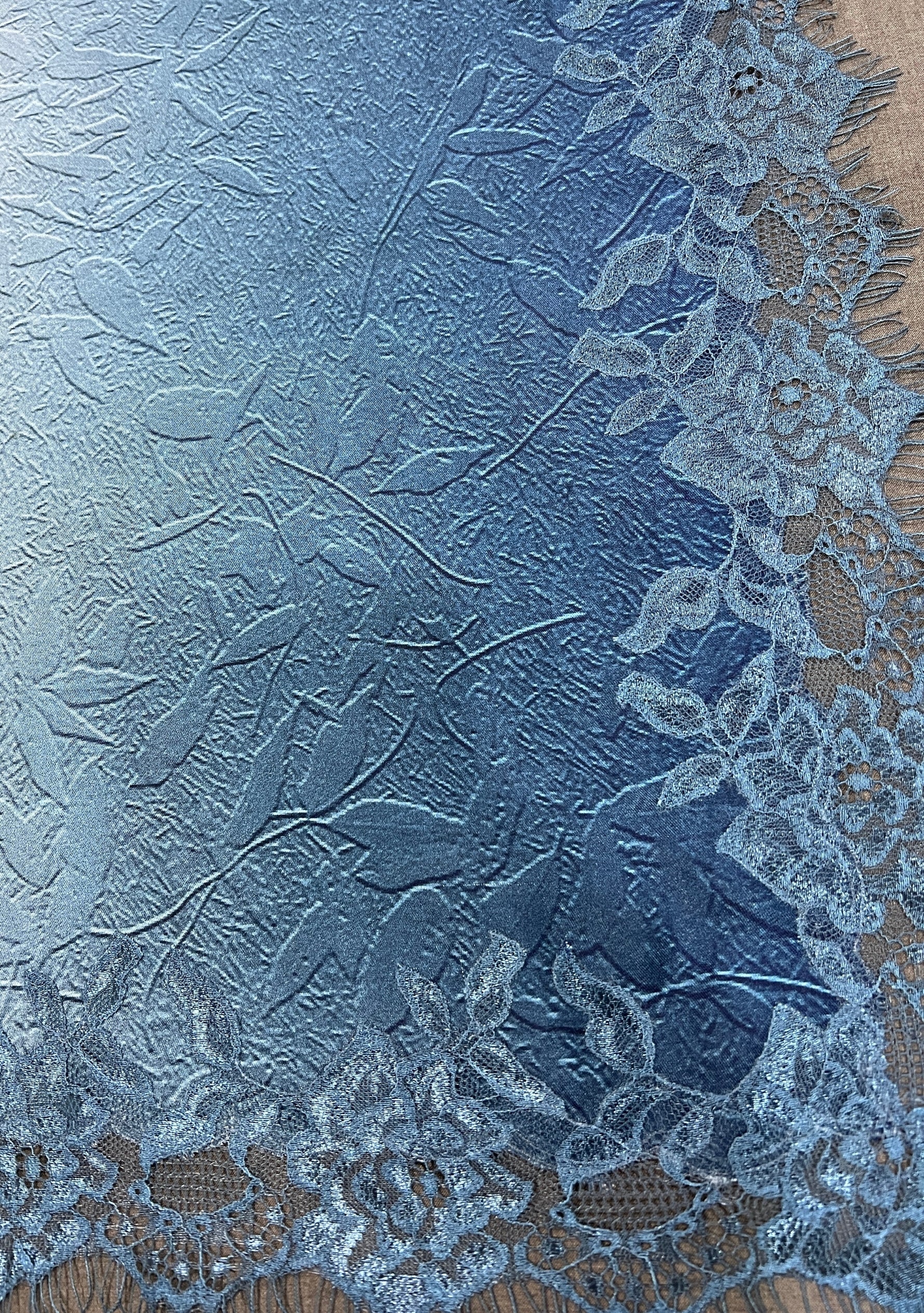 Maneesha Ruia Blue Ombré Embossed Silk Square Scarf — blue silk twill with tonal blue lace border