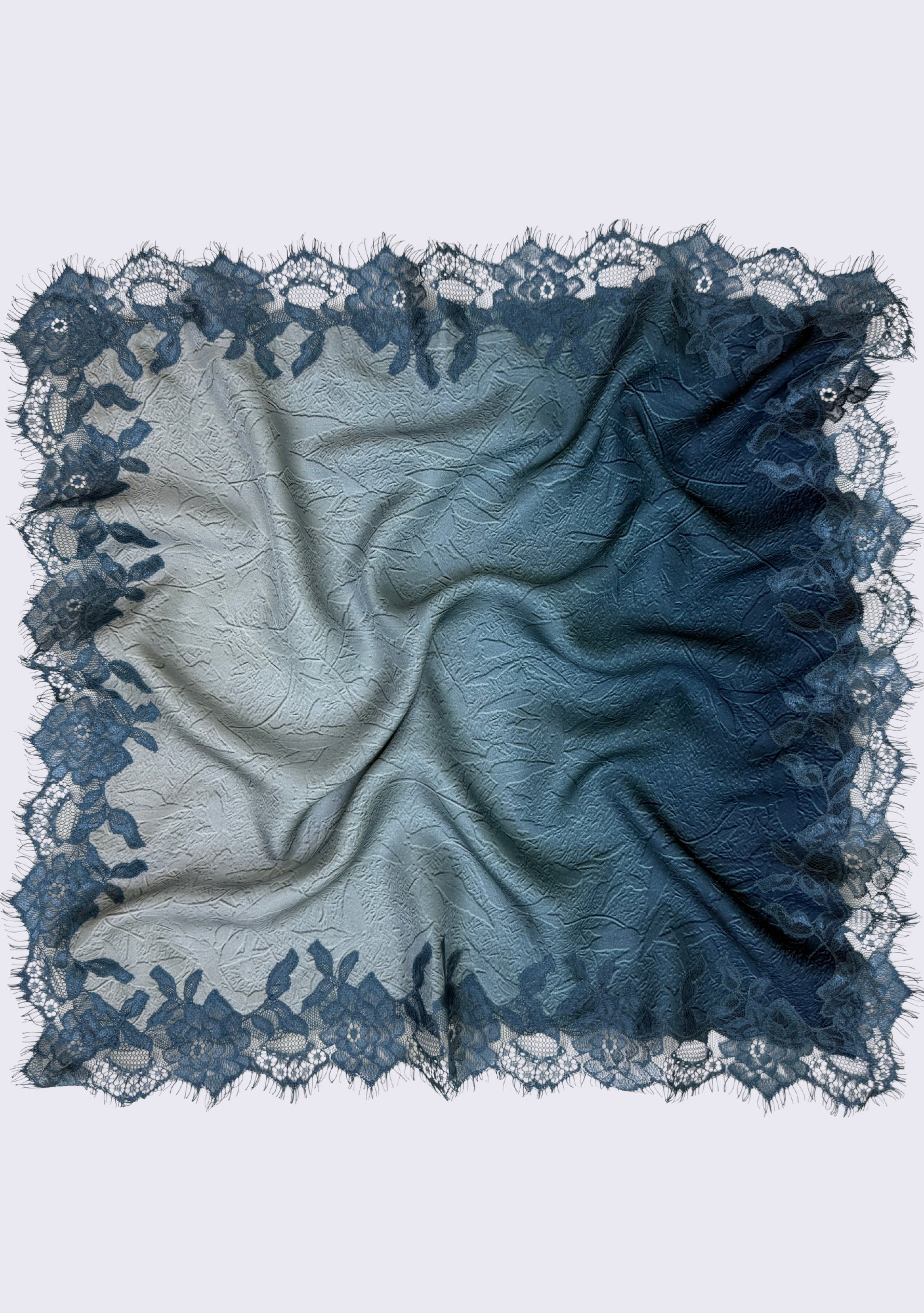 Maneesha Ruia Blue Ombré Embossed Silk Square Scarf — blue silk twill with tonal blue lace border
