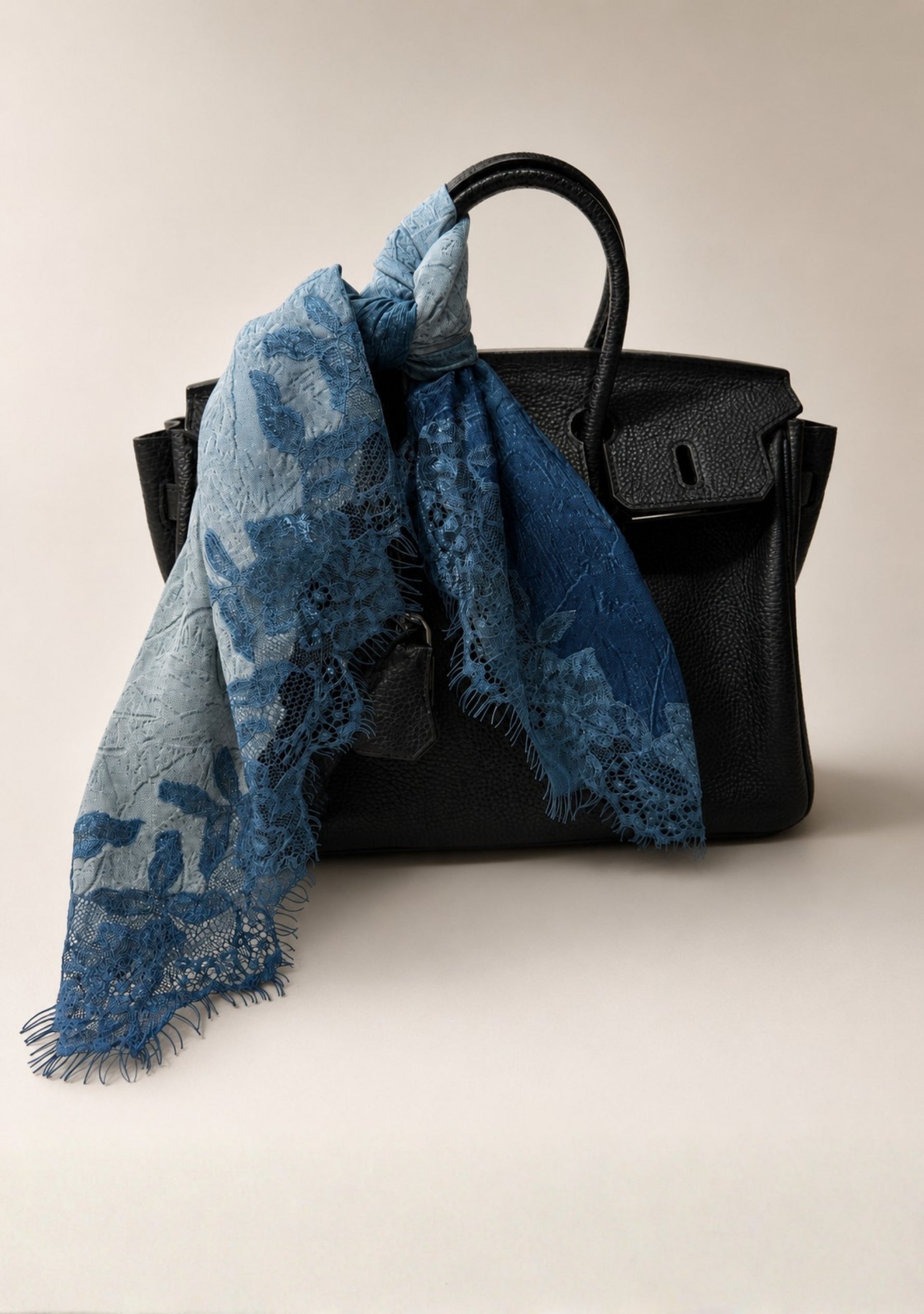 Maneesha Ruia Blue Ombré Embossed Silk Square Scarf — blue silk twill with tonal blue lace border
