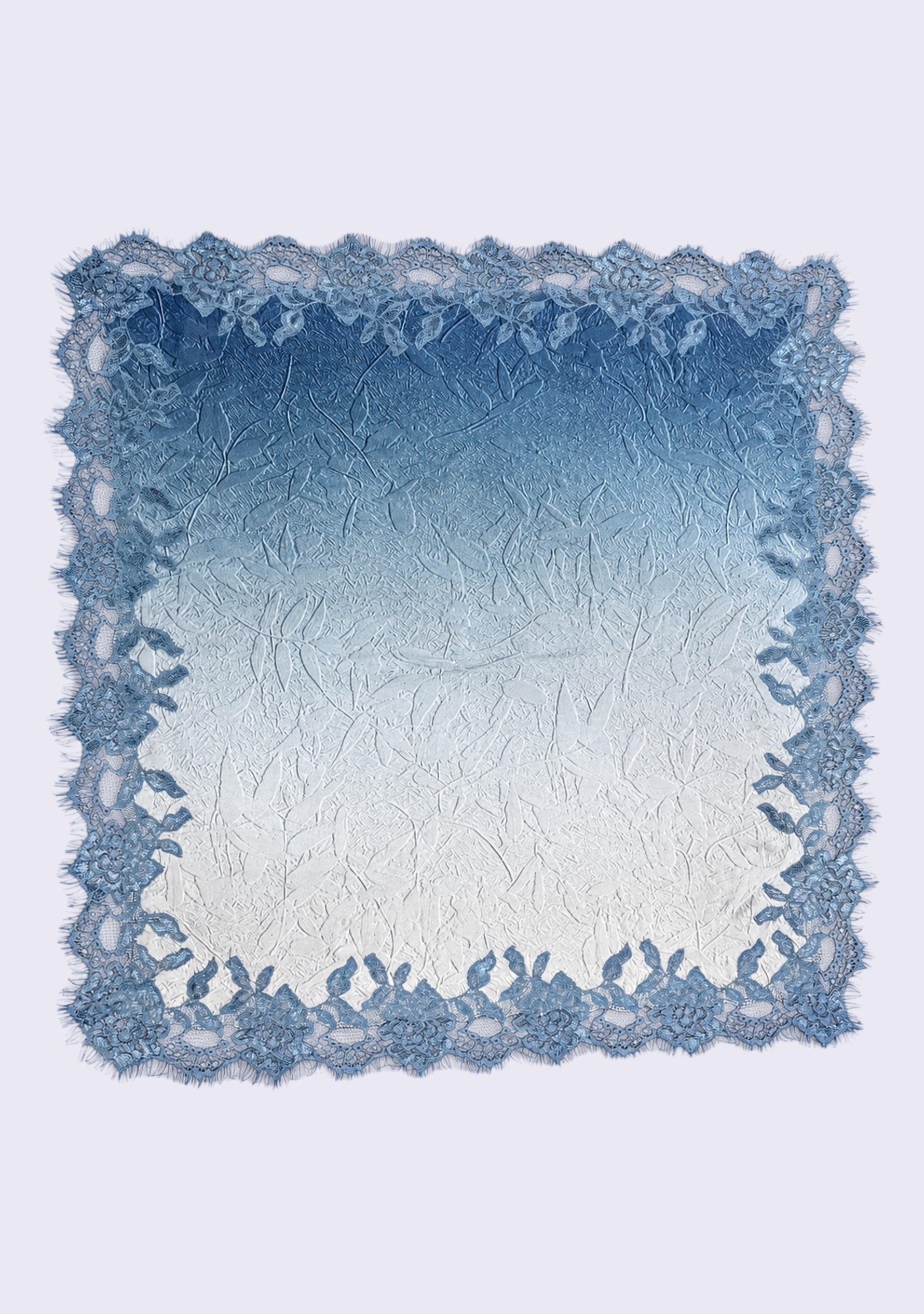 Maneesha Ruia Blue Ombré Embossed Silk Square Scarf — blue silk twill with tonal blue lace border