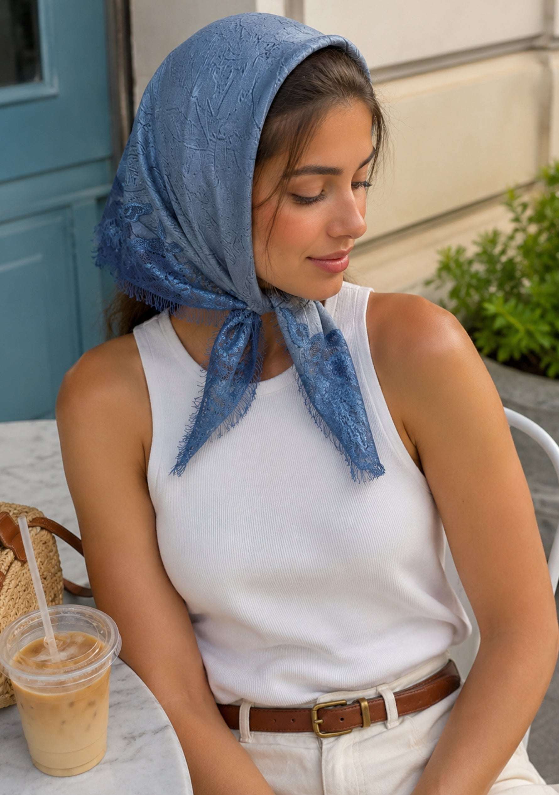Maneesha Ruia Blue Ombré Embossed Silk Square Scarf — blue silk twill with tonal blue lace border