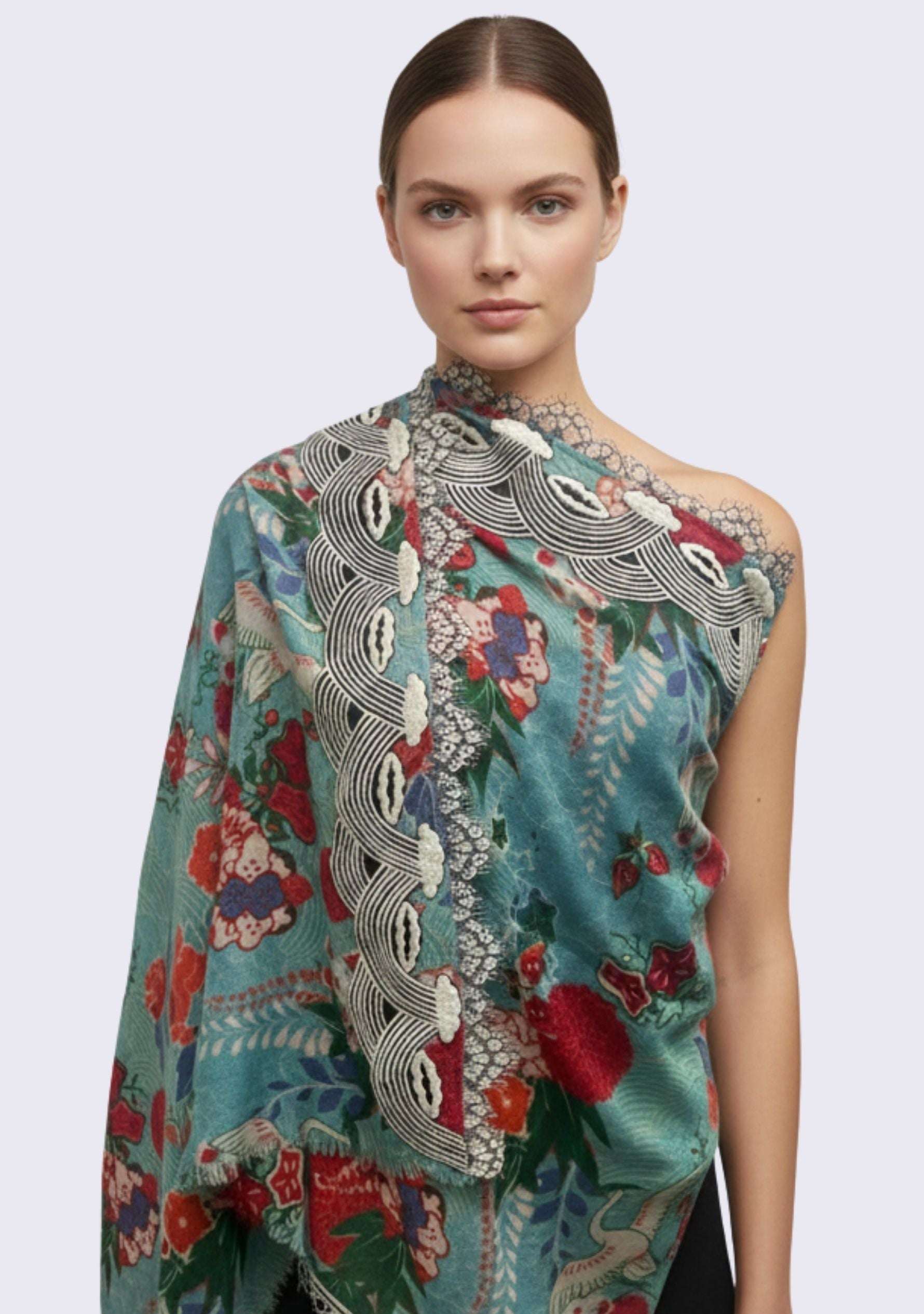 Maneesha Ruia blue print wool and silk scarf with embroidery and ivory lace, luxury designer scarf for women