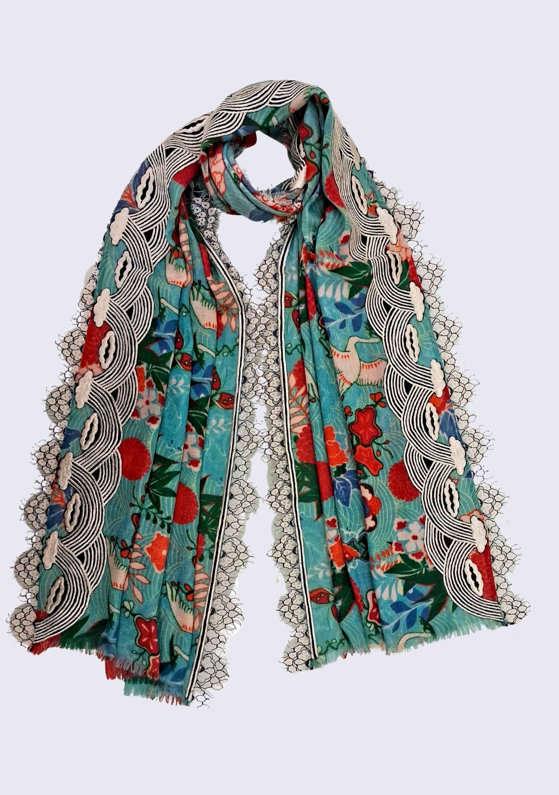 Maneesha Ruia blue print wool and silk scarf with embroidery and ivory lace, luxury designer scarf for women