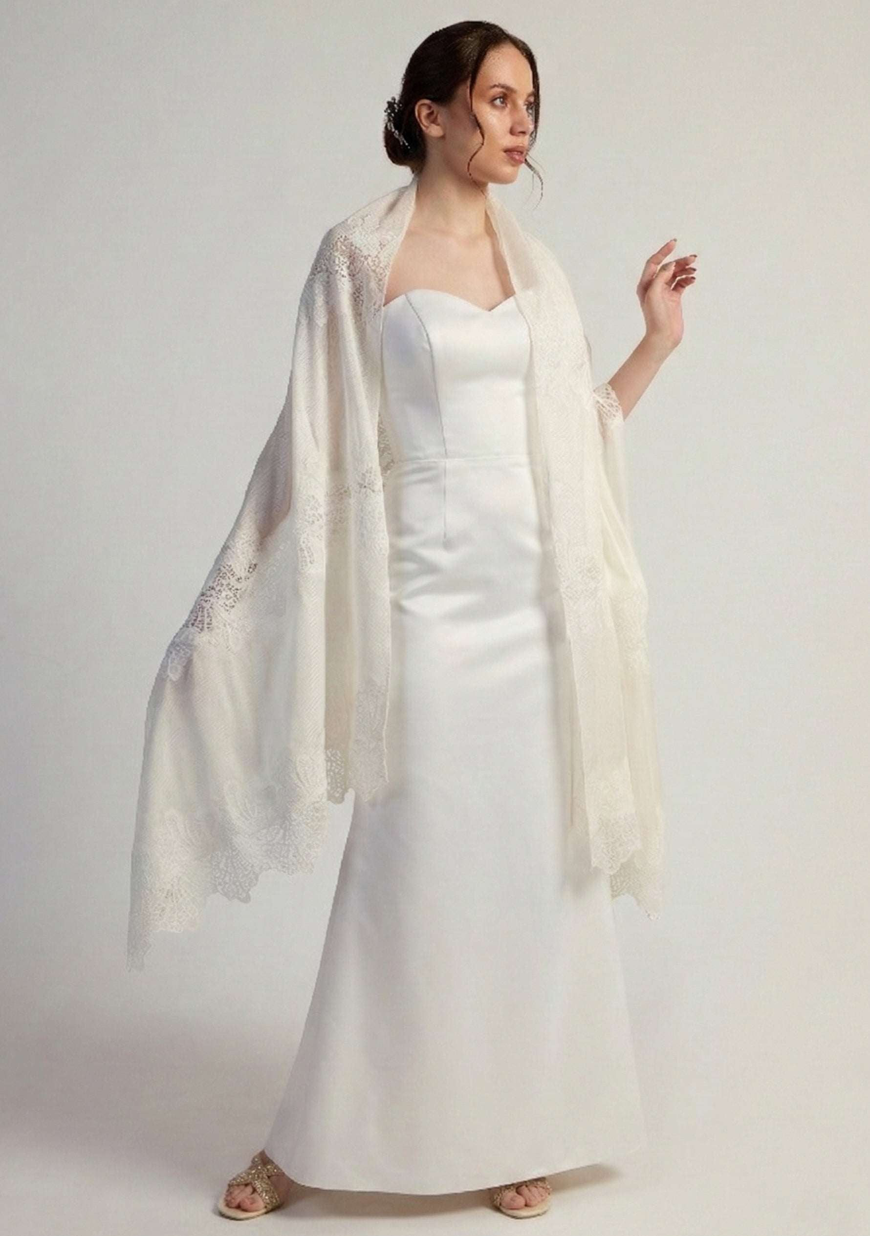 Maneesha Ruia ivory modal scarf with white lace, luxury designer scarf for women, elegant lightweight accessory