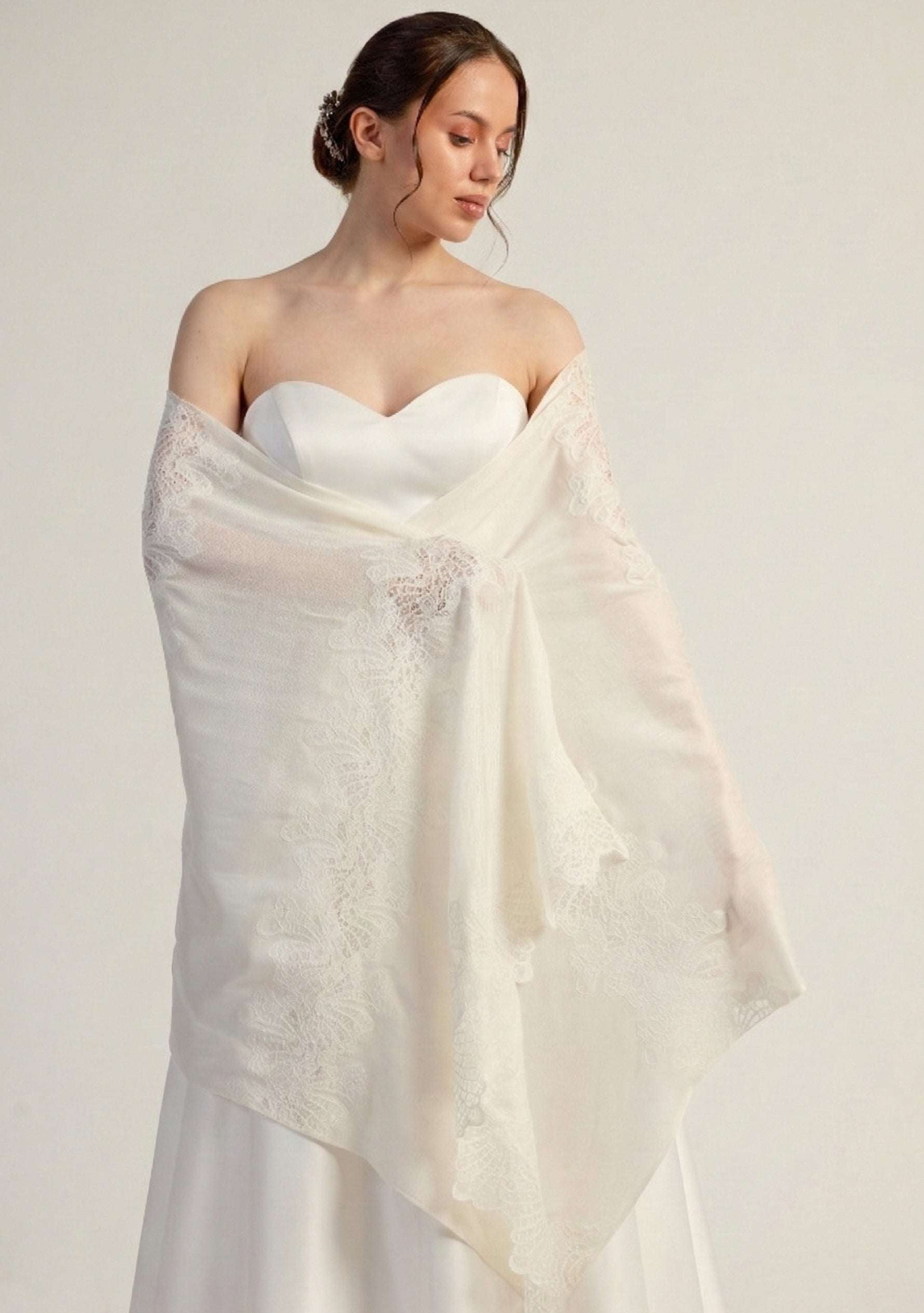 Maneesha Ruia ivory modal scarf with white lace, luxury designer scarf for women, elegant lightweight accessory