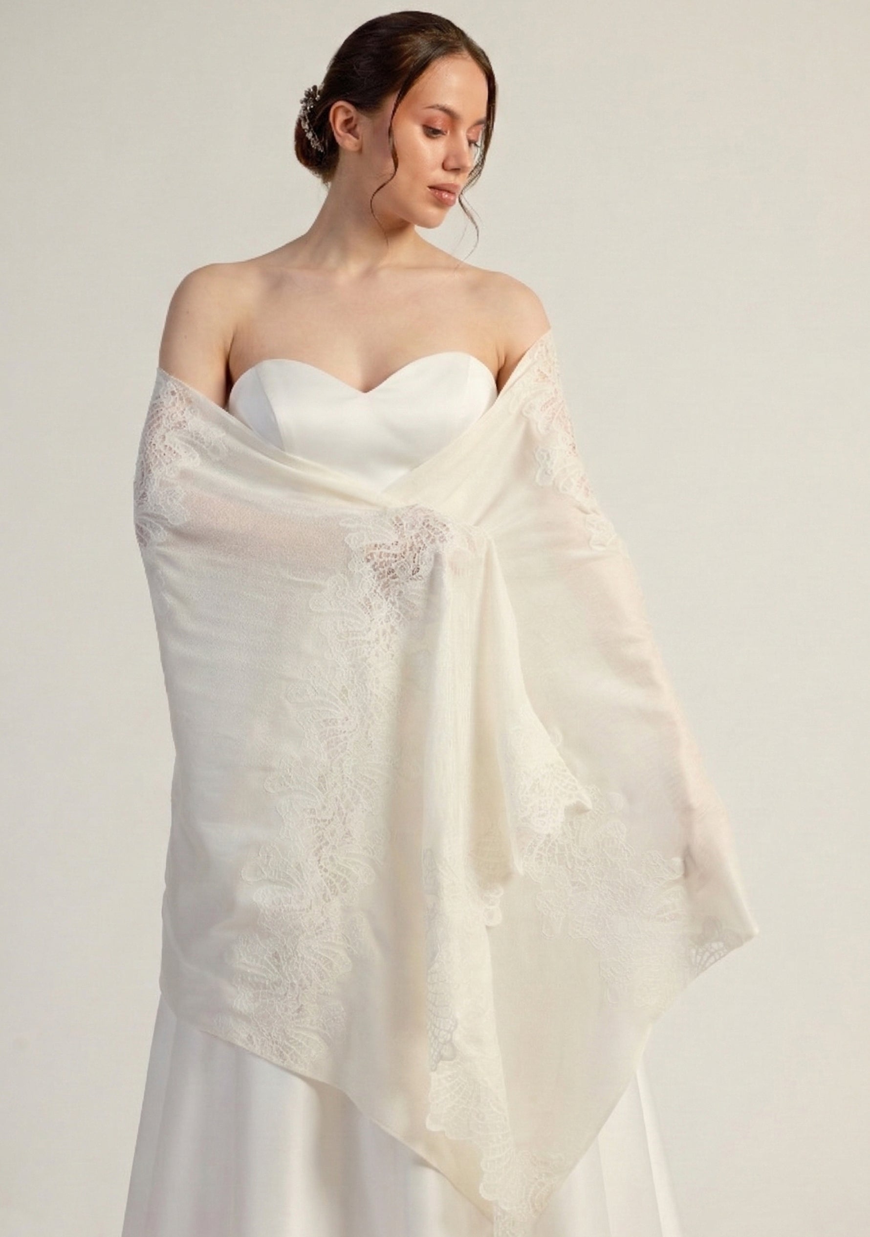 Maneesha Ruia ivory modal scarf with white lace, luxury designer scarf for women, elegant lightweight accessory