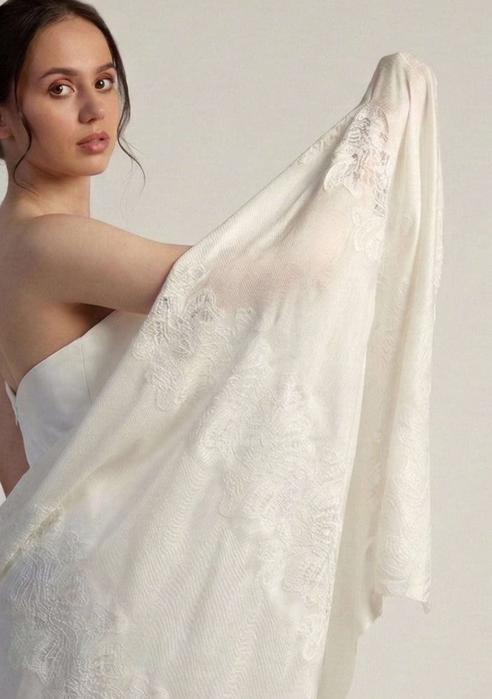 Maneesha Ruia ivory modal scarf with white lace, luxury designer scarf for women, elegant lightweight accessory