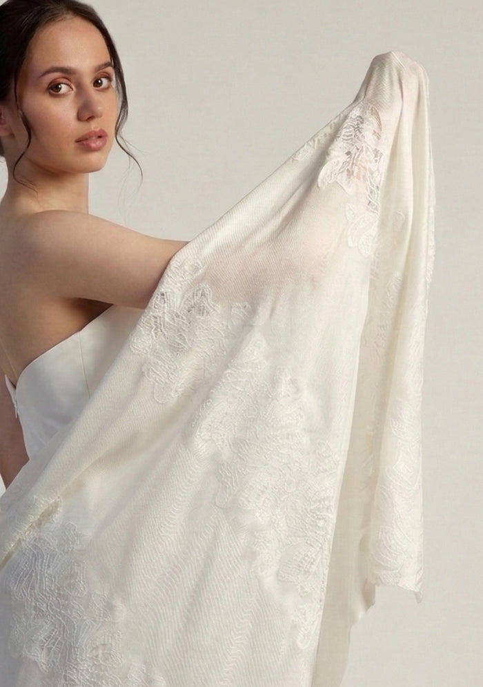 Maneesha Ruia ivory modal scarf with white lace, luxury designer scarf for women, elegant lightweight accessory