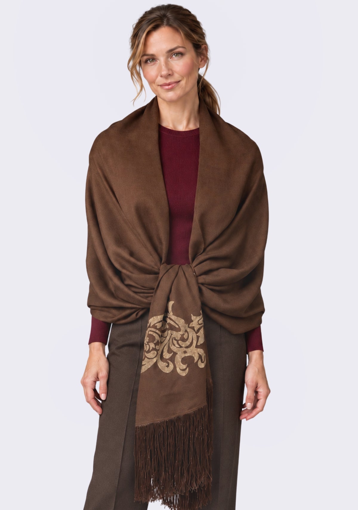 Maneesha Ruia Brown Fine Wool Scarf Gold Metallic Embroidery and Brown Fringes