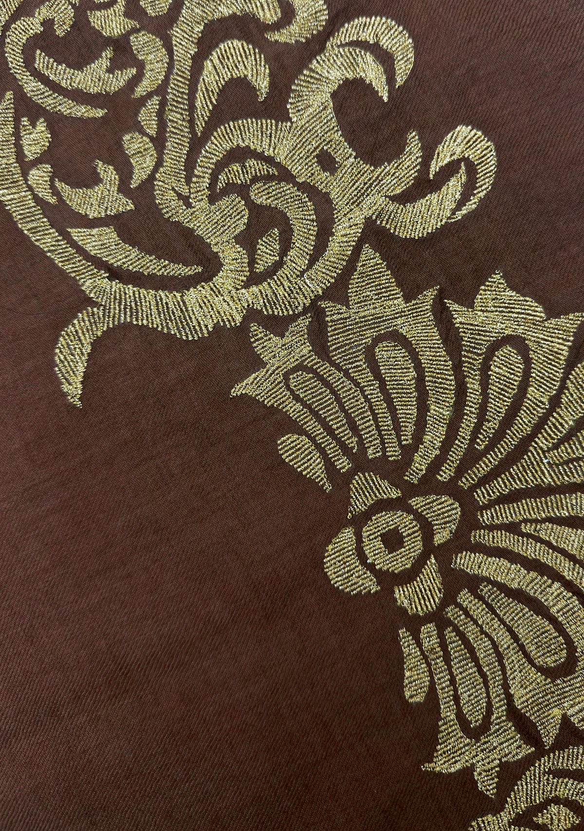 Maneesha Ruia Brown Fine Wool Scarf Gold Metallic Embroidery and Brown Fringes