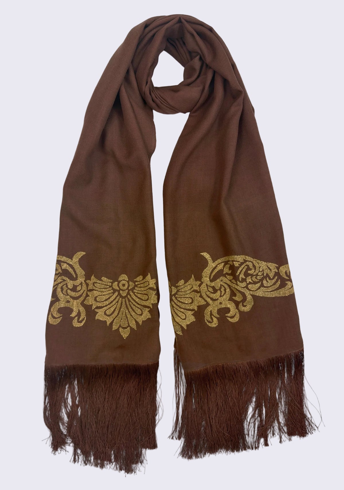 Maneesha Ruia Brown Fine Wool Scarf Gold Metallic Embroidery and Brown Fringes