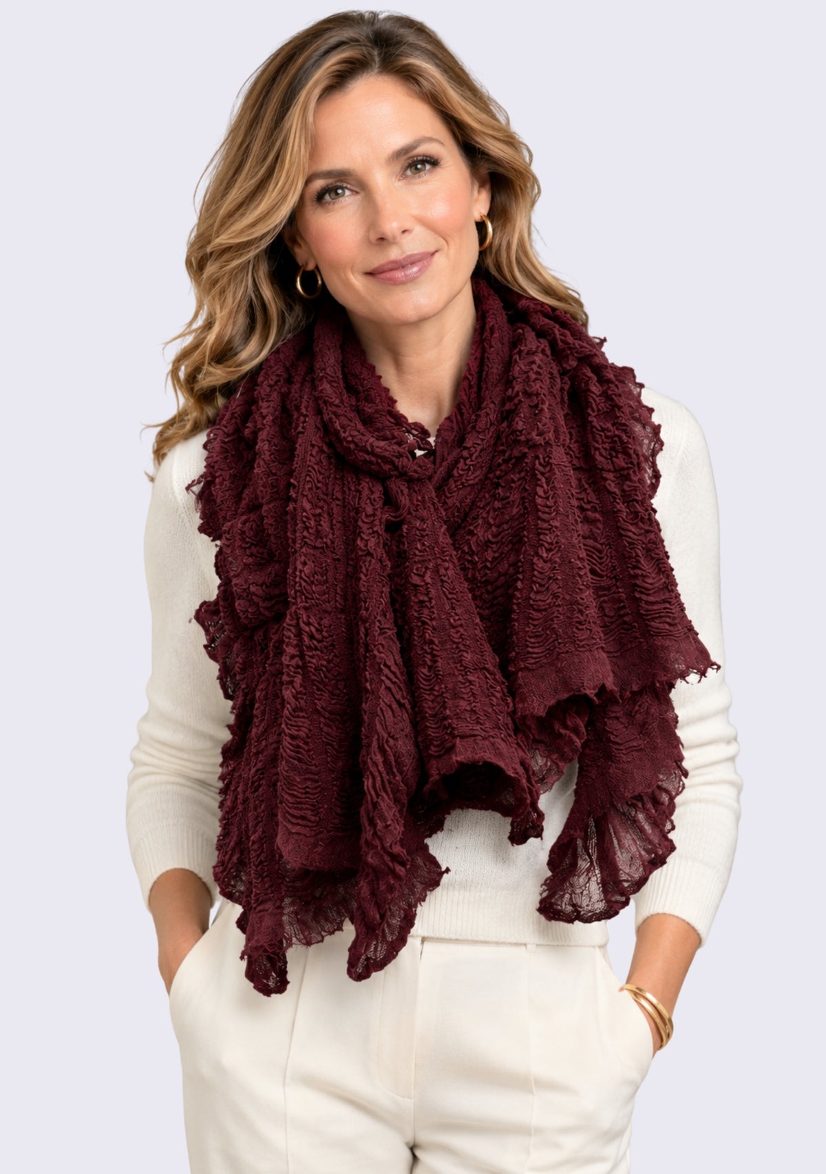 burgundy Fine Wool Stretchable Crinkle Scarf