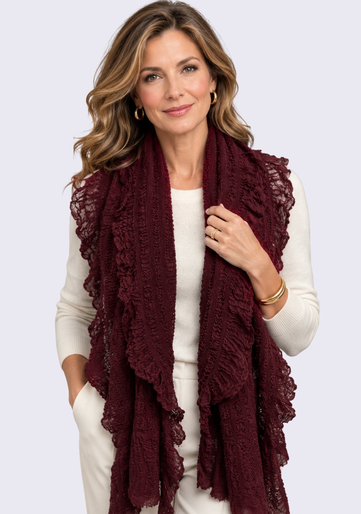 burgundy Fine Wool Stretchable Crinkle Scarf