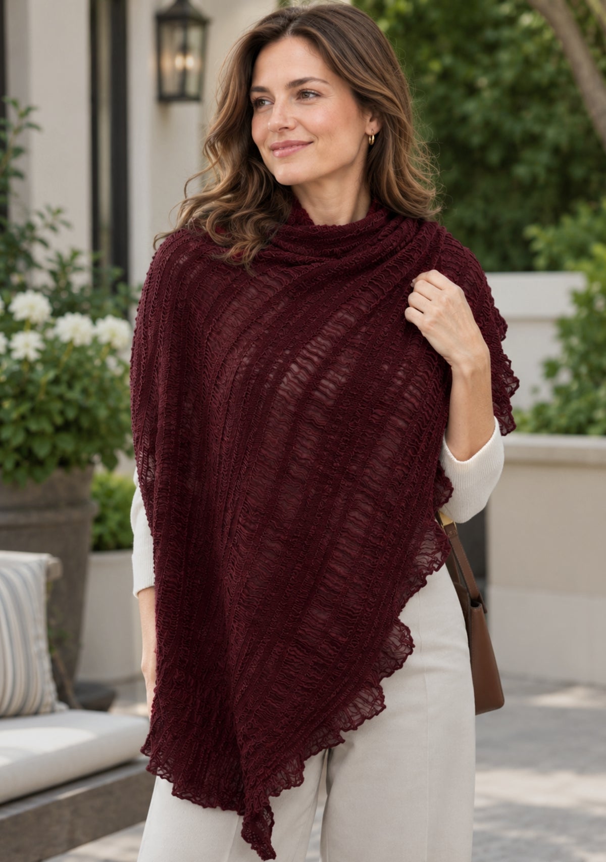 burgundy Fine Wool Stretchable Crinkle Scarf