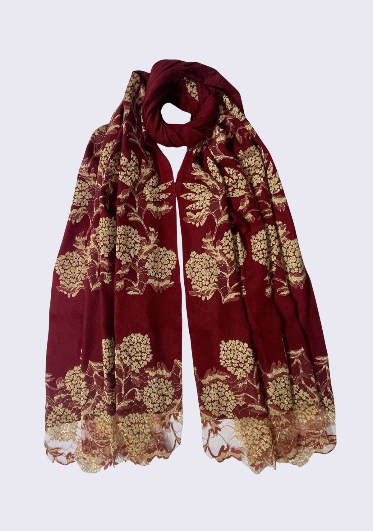 Maneesha Ruia burgundy wool and silk scarf with gold lace, luxury designer scarf for women