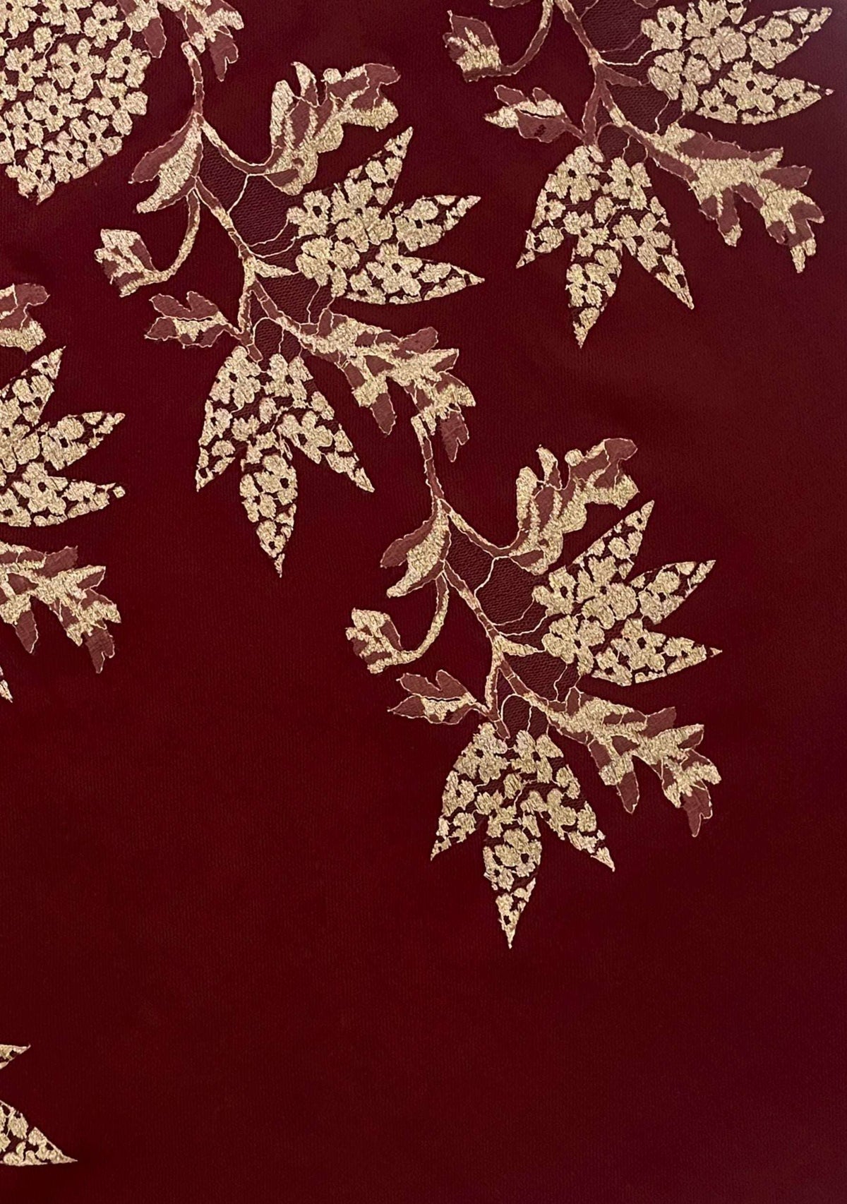 Maneesha Ruia burgundy wool and silk scarf with gold lace, luxury designer scarf for women