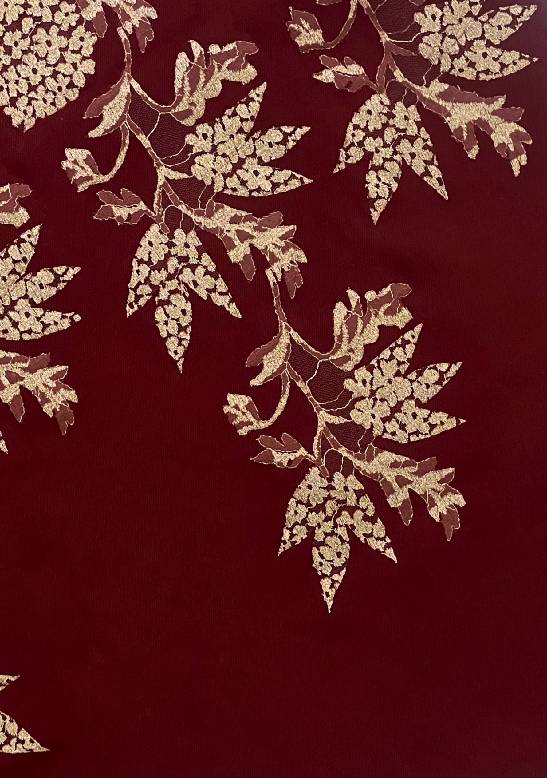 Maneesha Ruia burgundy wool and silk scarf with gold lace, luxury designer scarf for women