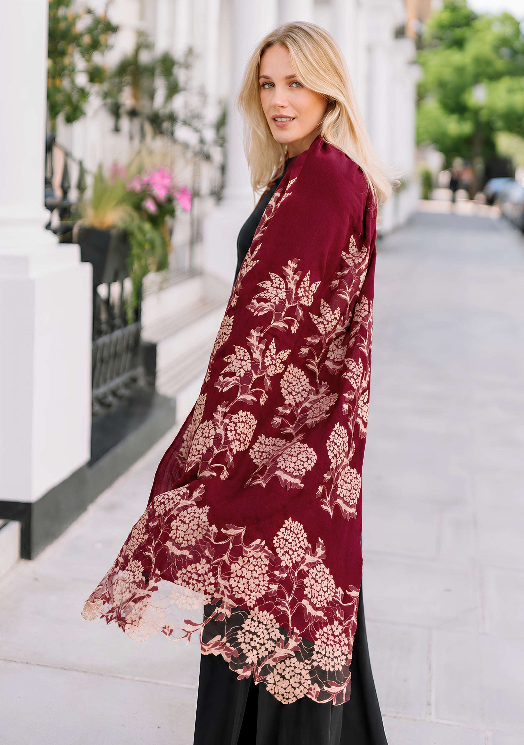 Maneesha Ruia burgundy wool and silk scarf with gold lace, luxury designer scarf for women