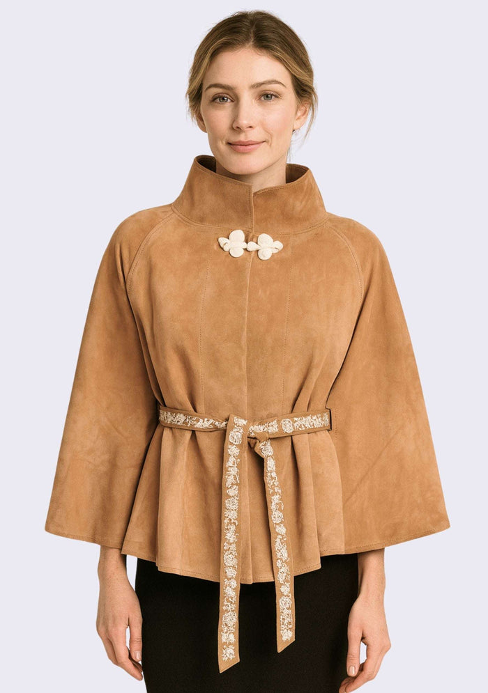 Maneesha Ruia camel color suede leather jacket with ivory embroidered belt, luxury designer outerwear for women