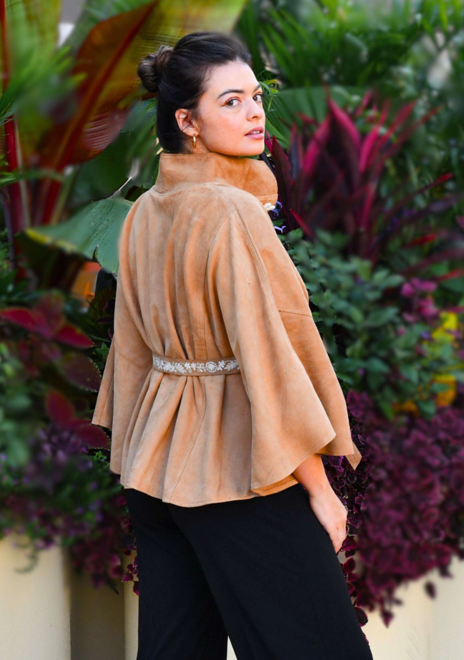 Maneesha Ruia camel suede leather jacket with ivory embroidered belt, luxury designer outerwear for women