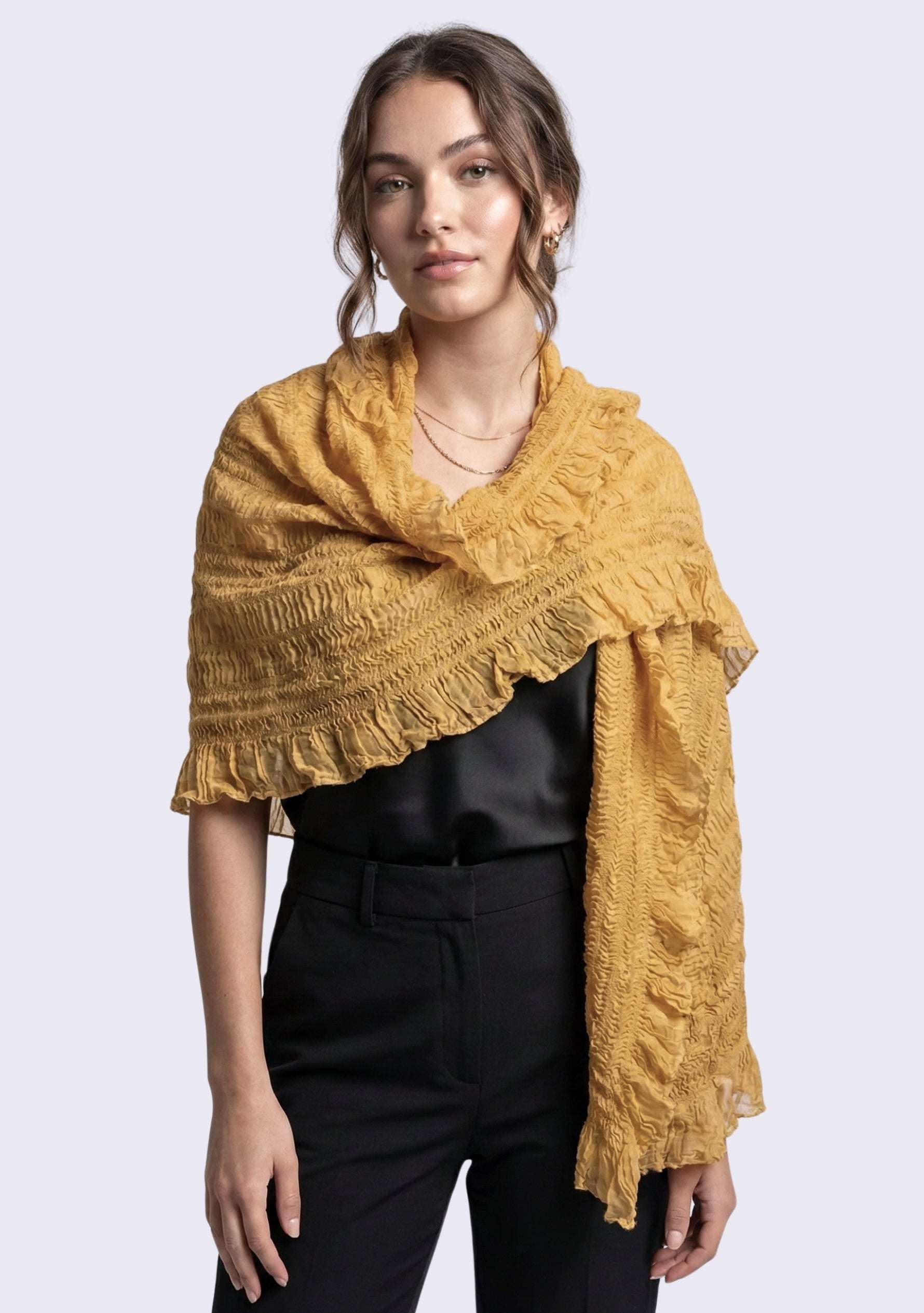Maneesha Ruia camel fine wool stretchable crinkle scarf, lightweight luxury designer scarf for women