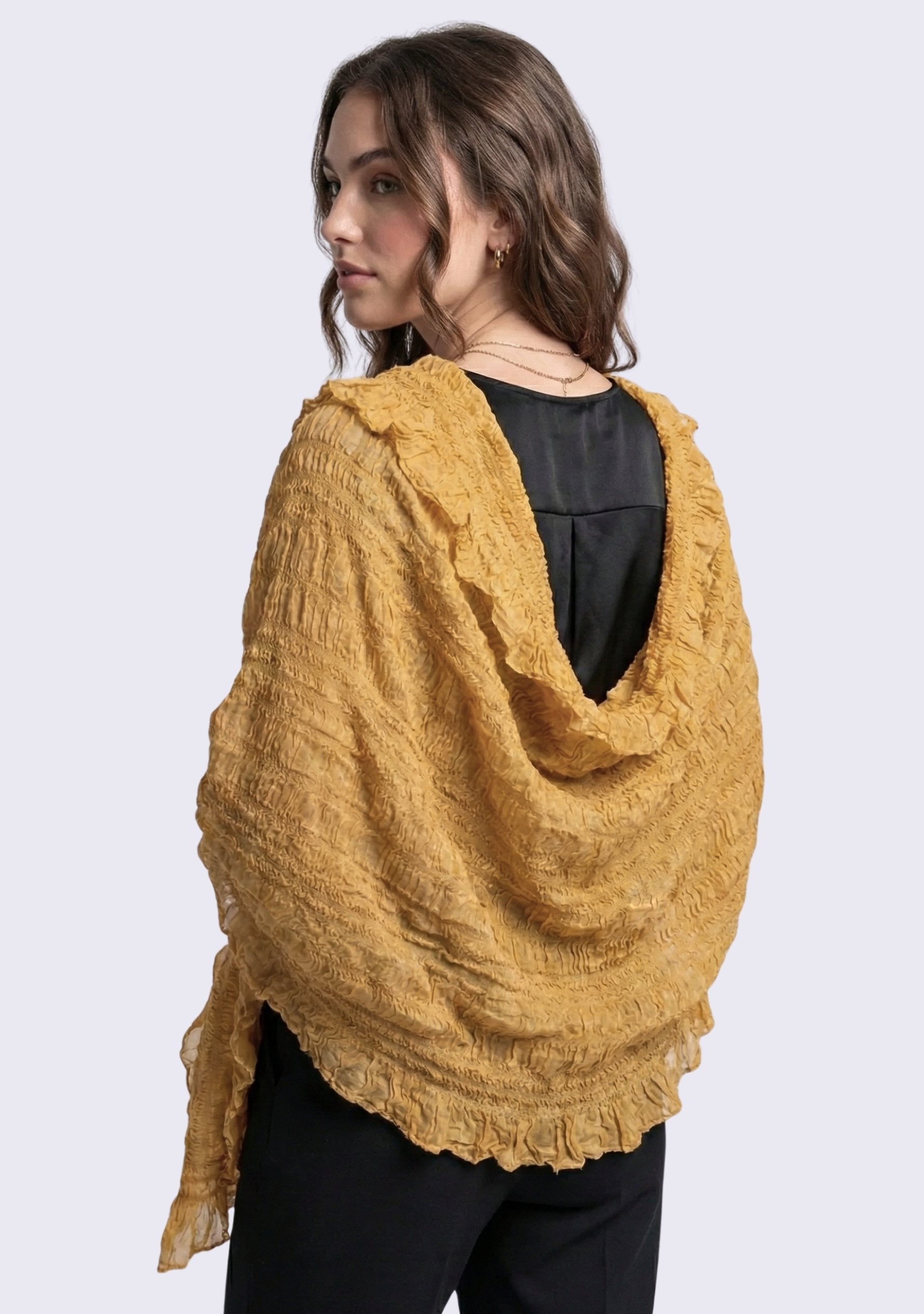 Maneesha Ruia camel fine wool stretchable crinkle scarf, lightweight luxury designer scarf for women