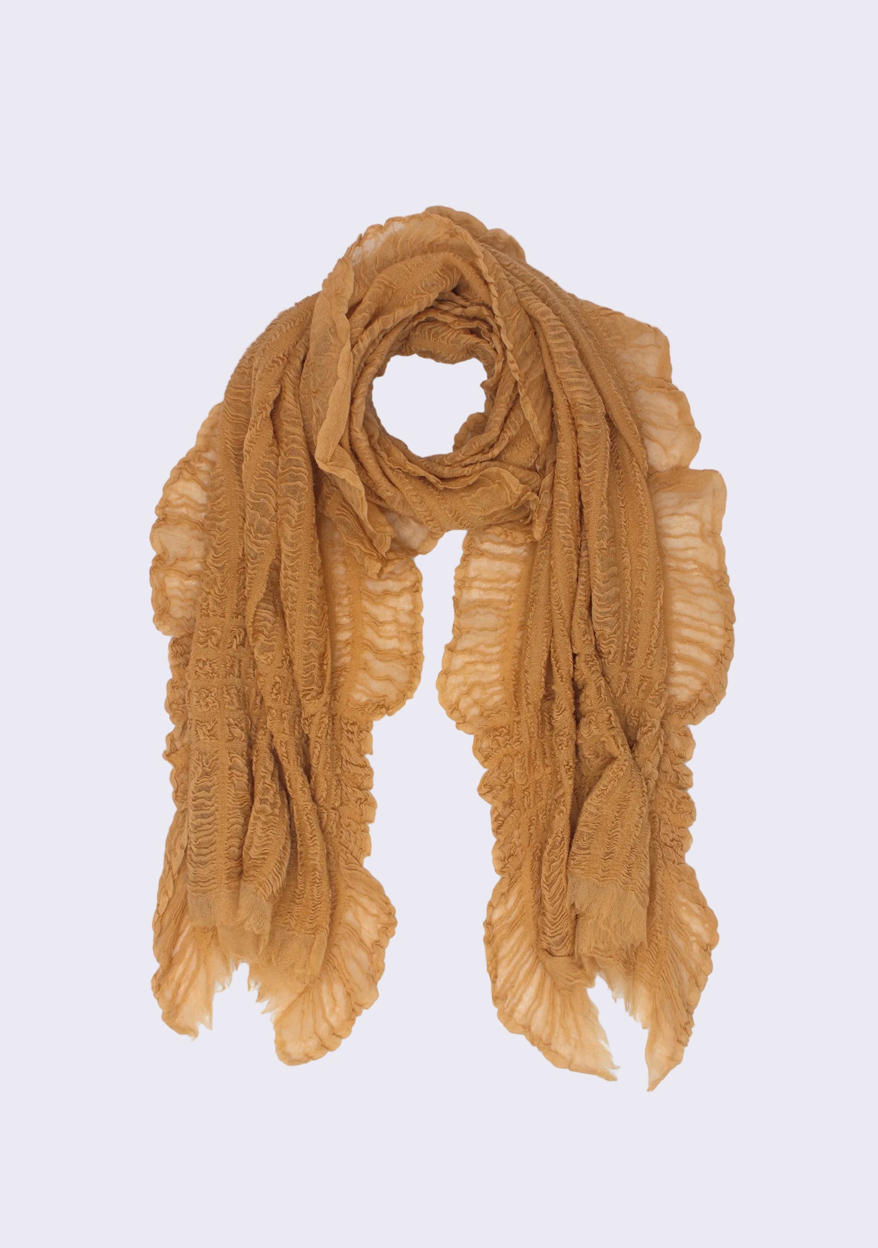 Maneesha Ruia camel fine wool stretchable crinkle scarf, lightweight luxury designer scarf for women