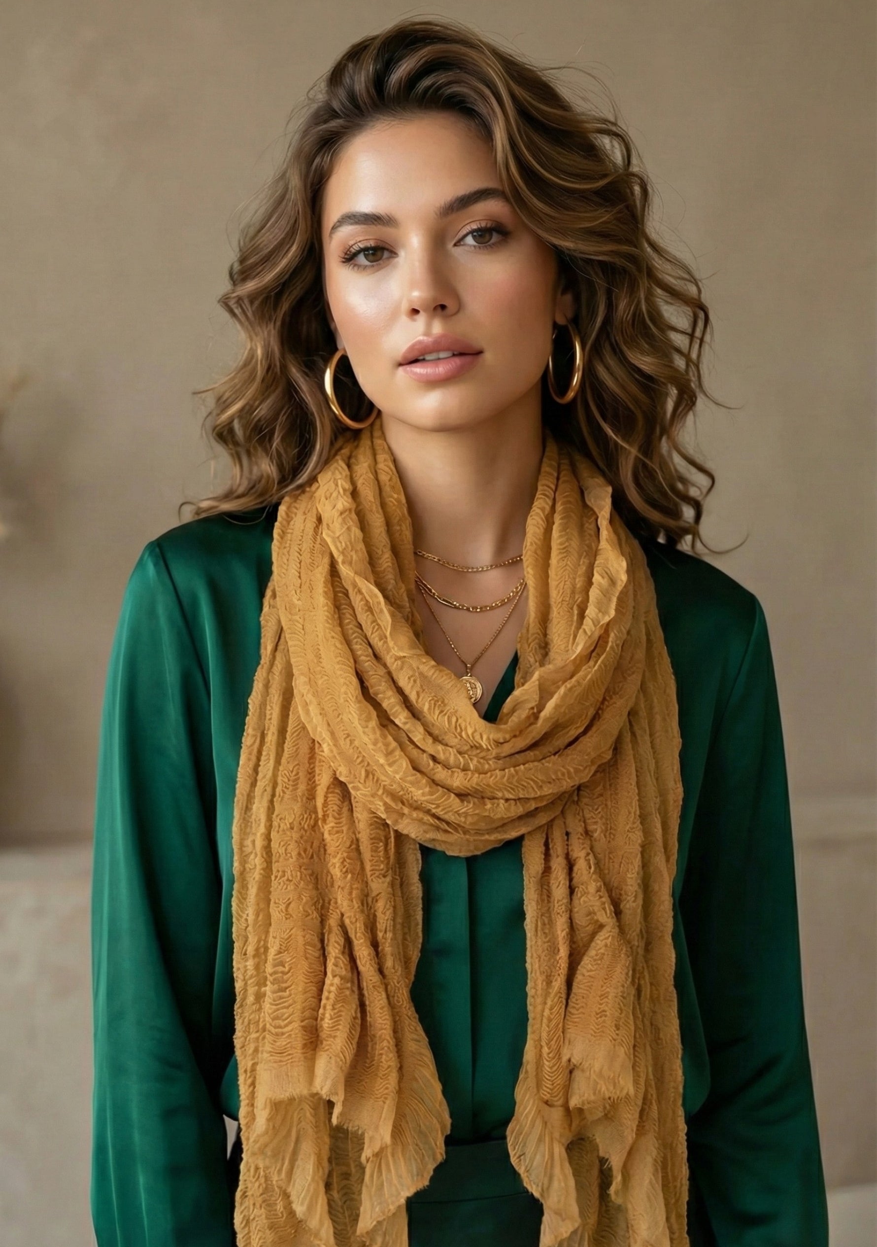 Maneesha Ruia camel fine wool stretchable crinkle scarf, lightweight luxury designer scarf for women