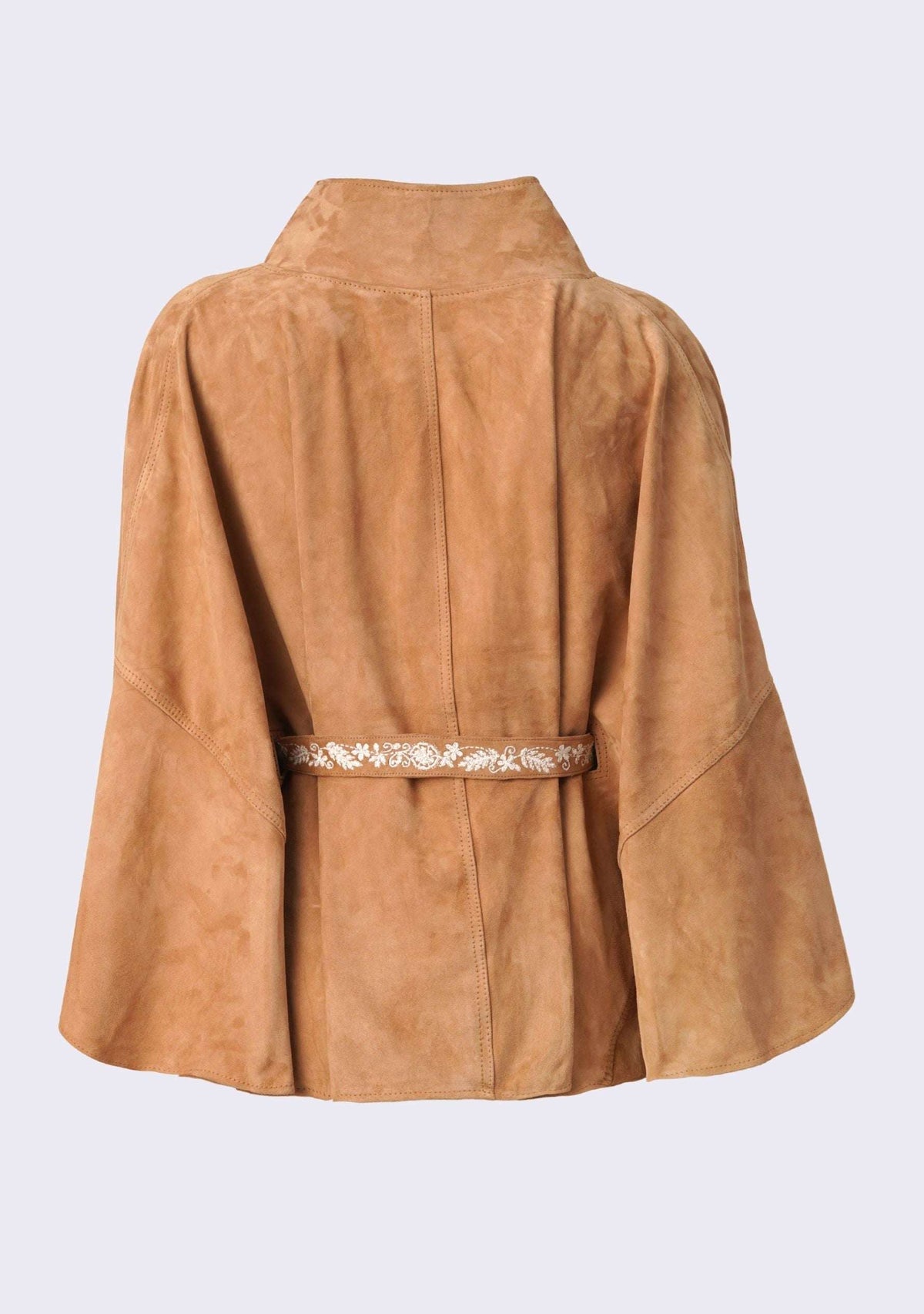 Maneesha Ruia camel color suede leather jacket with ivory embroidered belt, luxury designer outerwear for women
