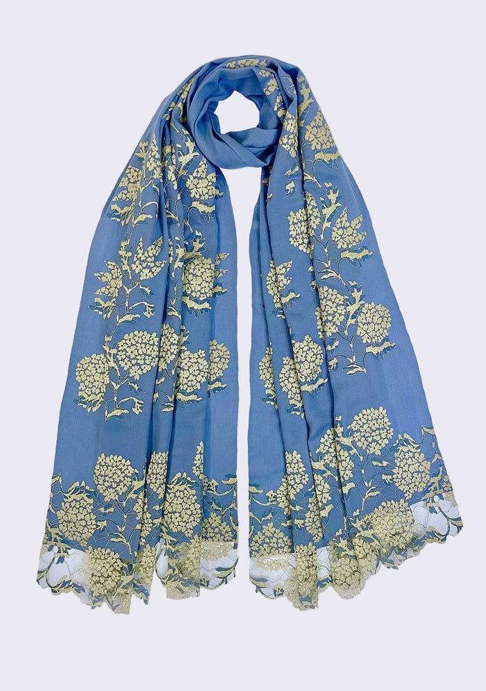 Maneesha Ruia denim blue wool and silk scarf with gold lace, luxury designer scarf for women